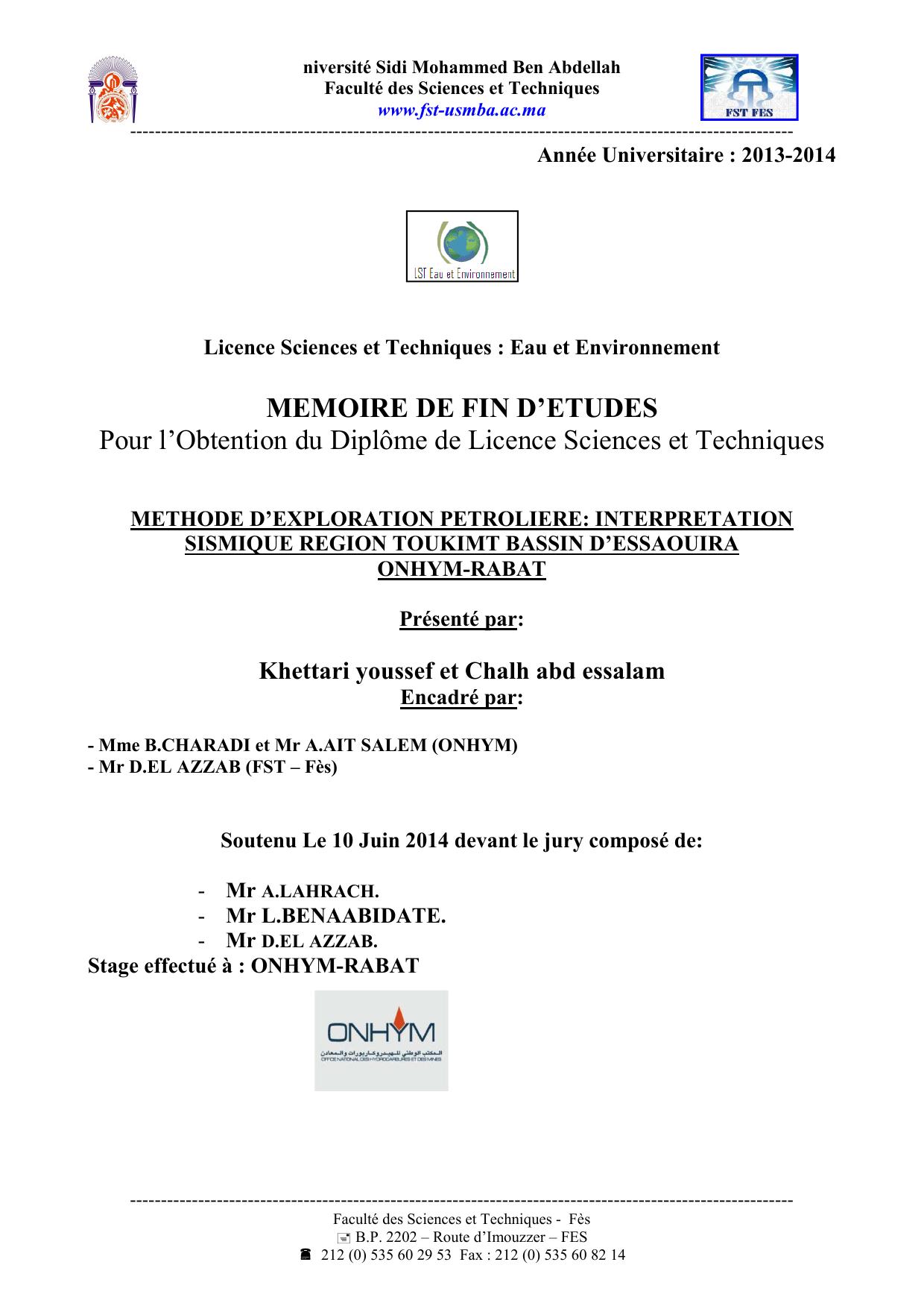 METHODE D’EXPLORATION PETROLIERE: INTERPRETATION SISMIQUE REGION TOUKIMT BASSIN D’ESSAOUIRA ONHYM-RABAT