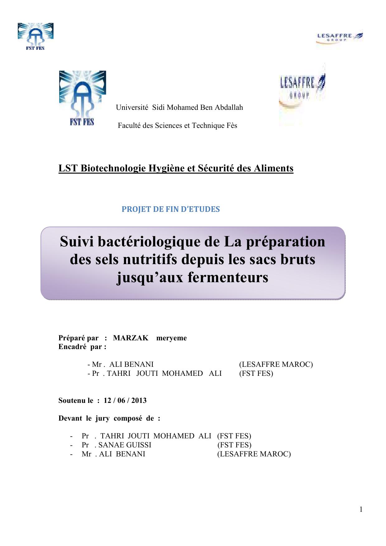 Suivi bactériologique de La préparation des sels nutritifs depuis les sacs bruts jusqu’aux fermenteurs