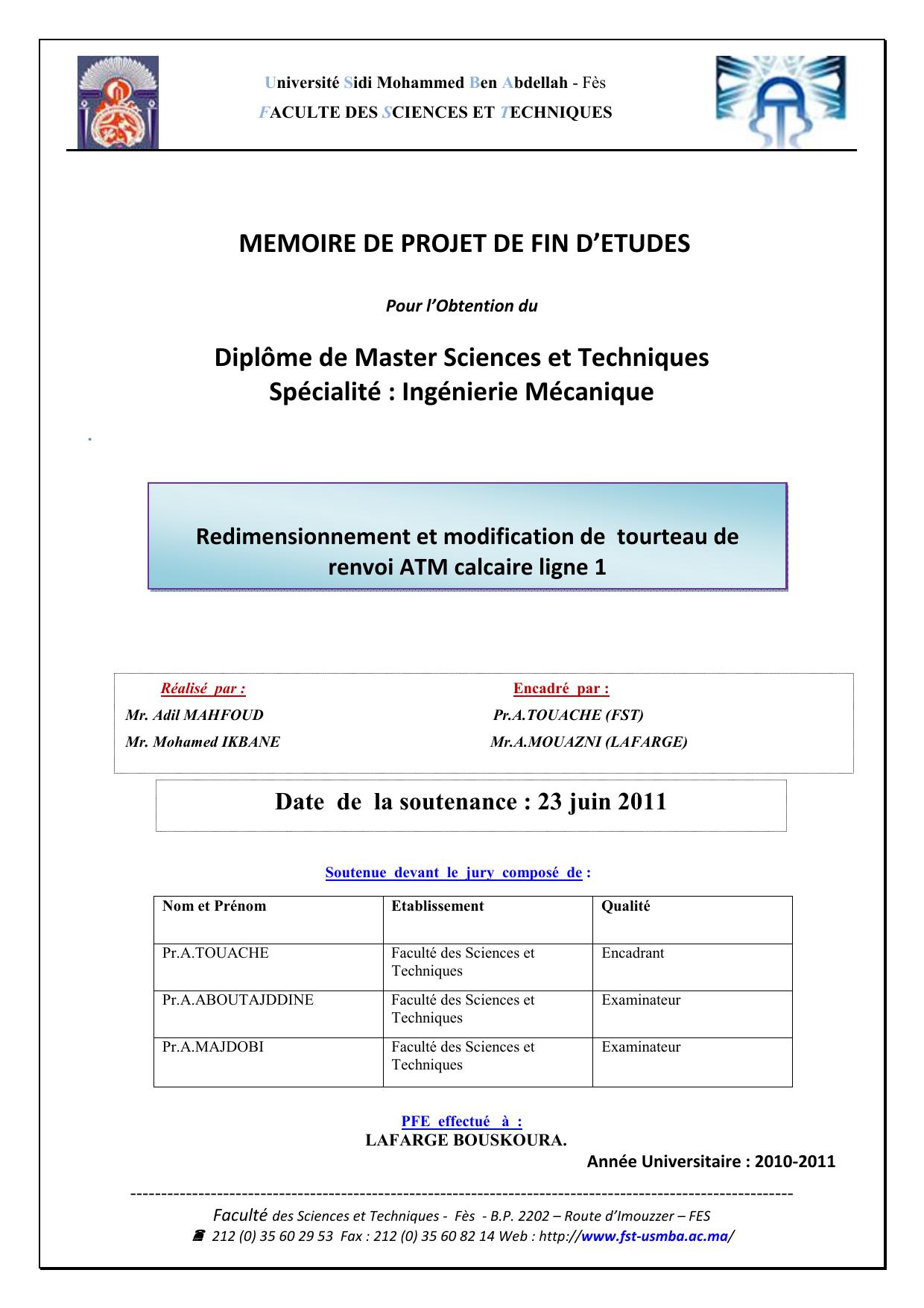 Redimensionnement et modification de tourteau de renvoi ATM calcaire ligne 1