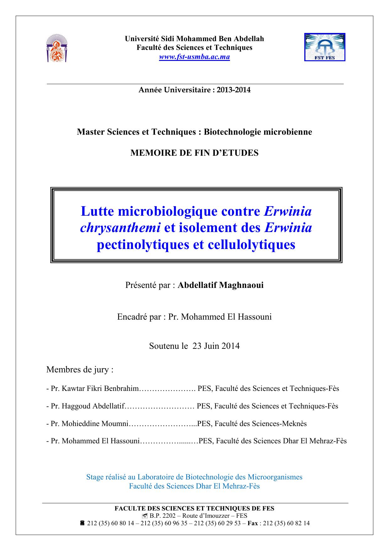 Lutte microbiologique contre Erwinia chrysanthemi et isolement des Erwinia pectinolytiques et cellulolytiques