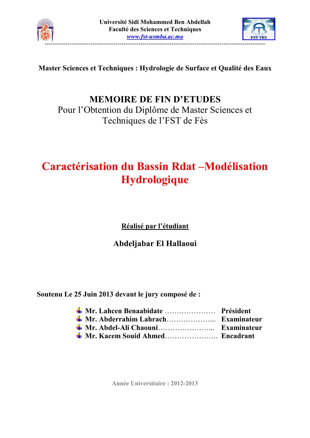 Caractérisation du Bassin Rdat –Modélisation Hydrologique