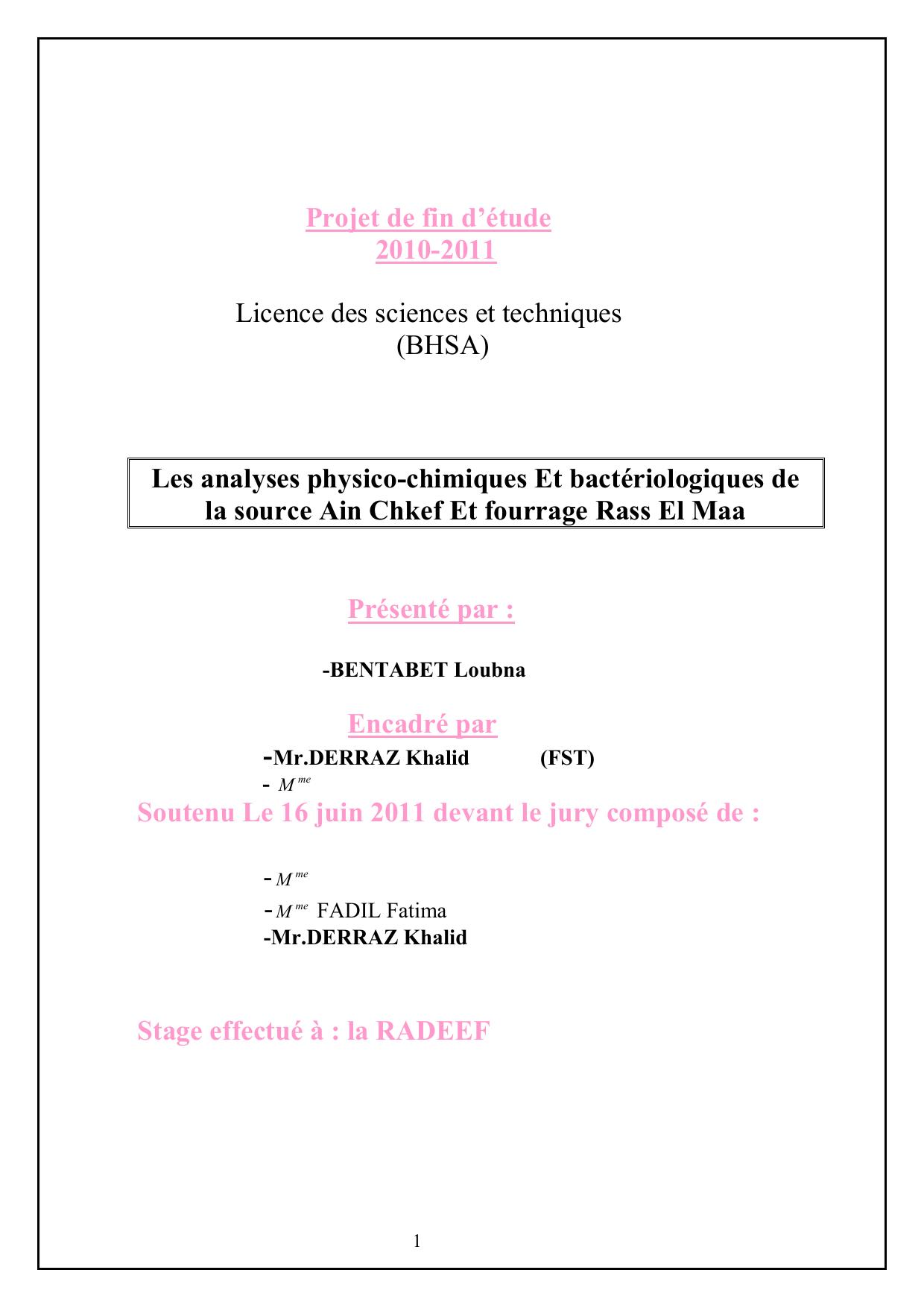 Les analyses physico-chimiques Et bactériologiques de la source Ain Chkef Et fourrage Rass El Maa