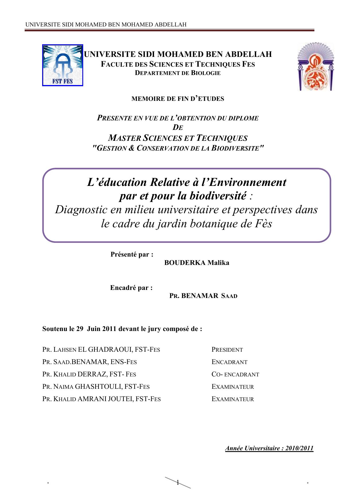 L’éducation Relative à l’Environnement par et pour la biodiversité : Diagnostic en milieu universitaire et perspectives dans le cadre du jardin botanique de Fès