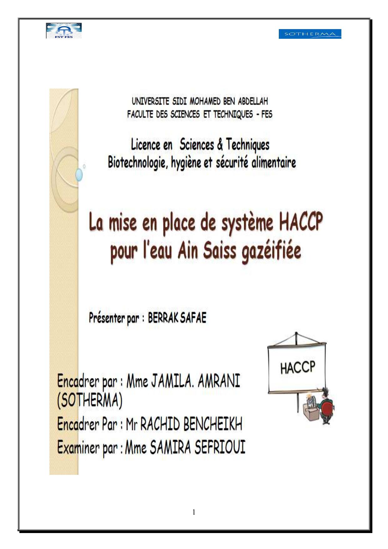 La mise en place de système HACCP pour l'eau Ain Saiss Gazéifiée