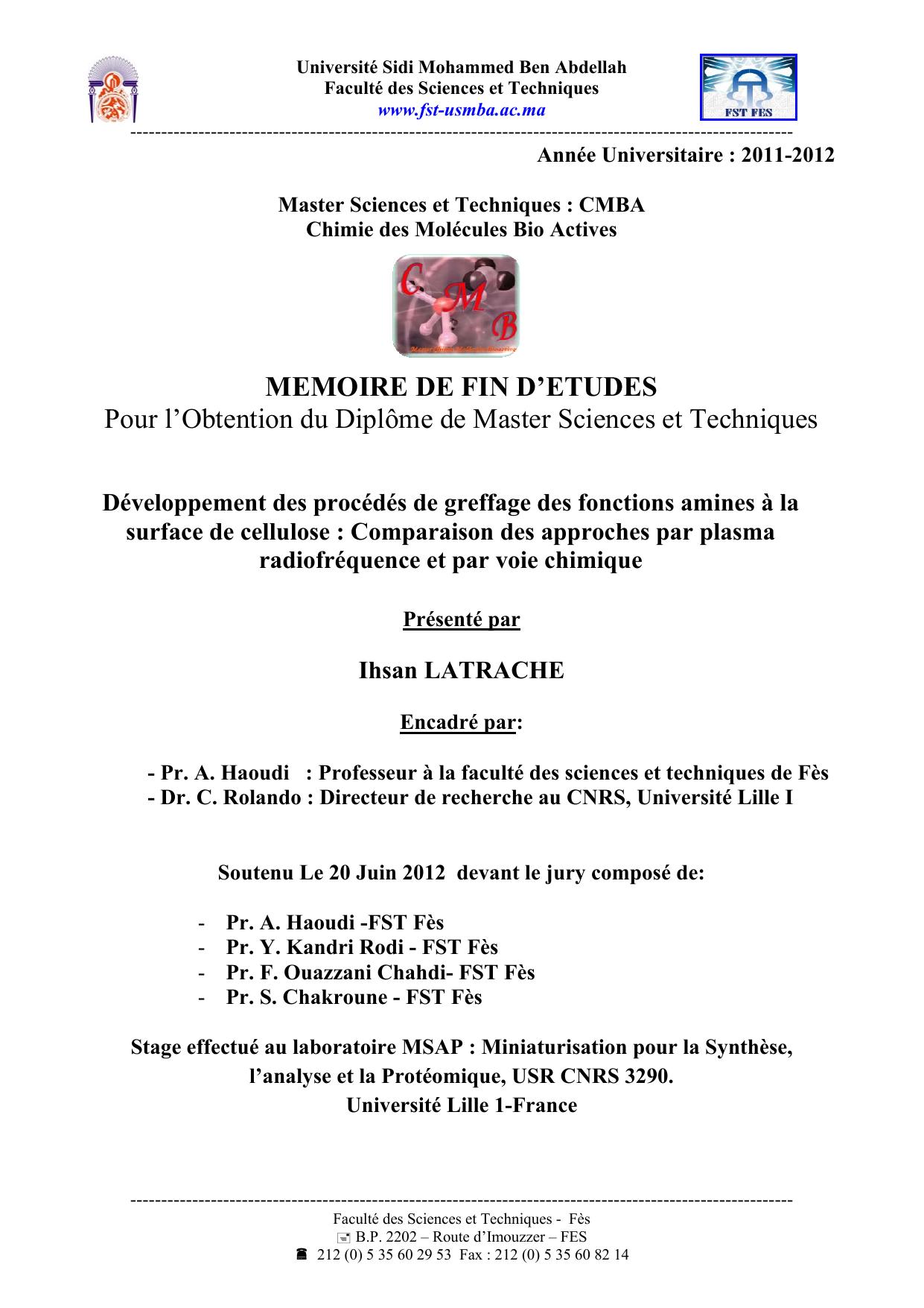 Développement des procédés de greffage des fonctions amines à la surface de cellulose : Comparaison des approches par plasma radiofréquence et par voie chimique