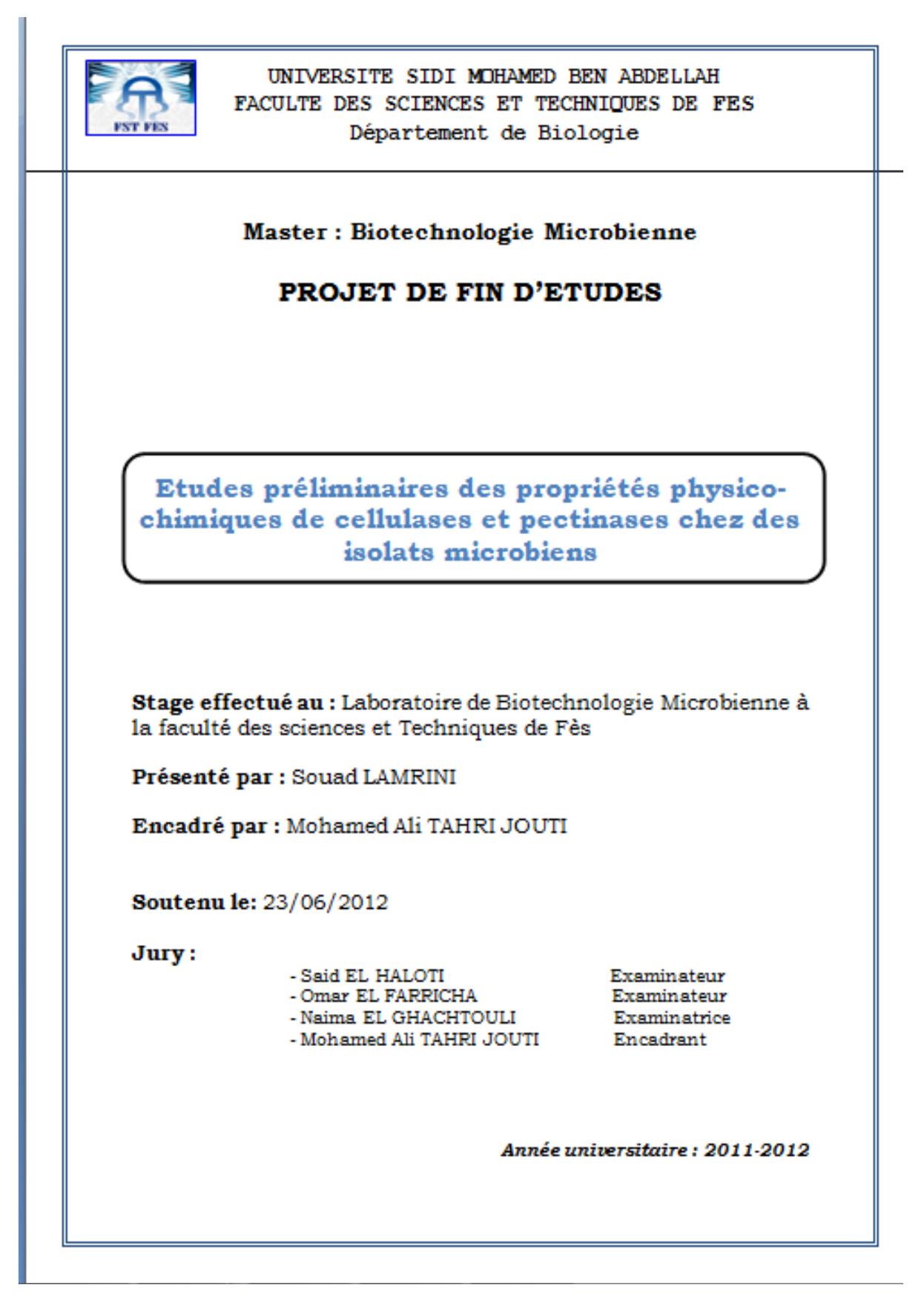 Etudes préliminaires des propriétés physico-chimiques de cellulases et pectinases chez des isolates microbiens