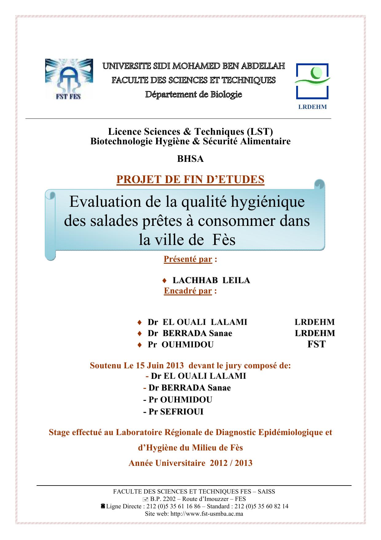 Evaluation de la qualité hygiénique des salades prêtes à consommer dans la ville de Fès