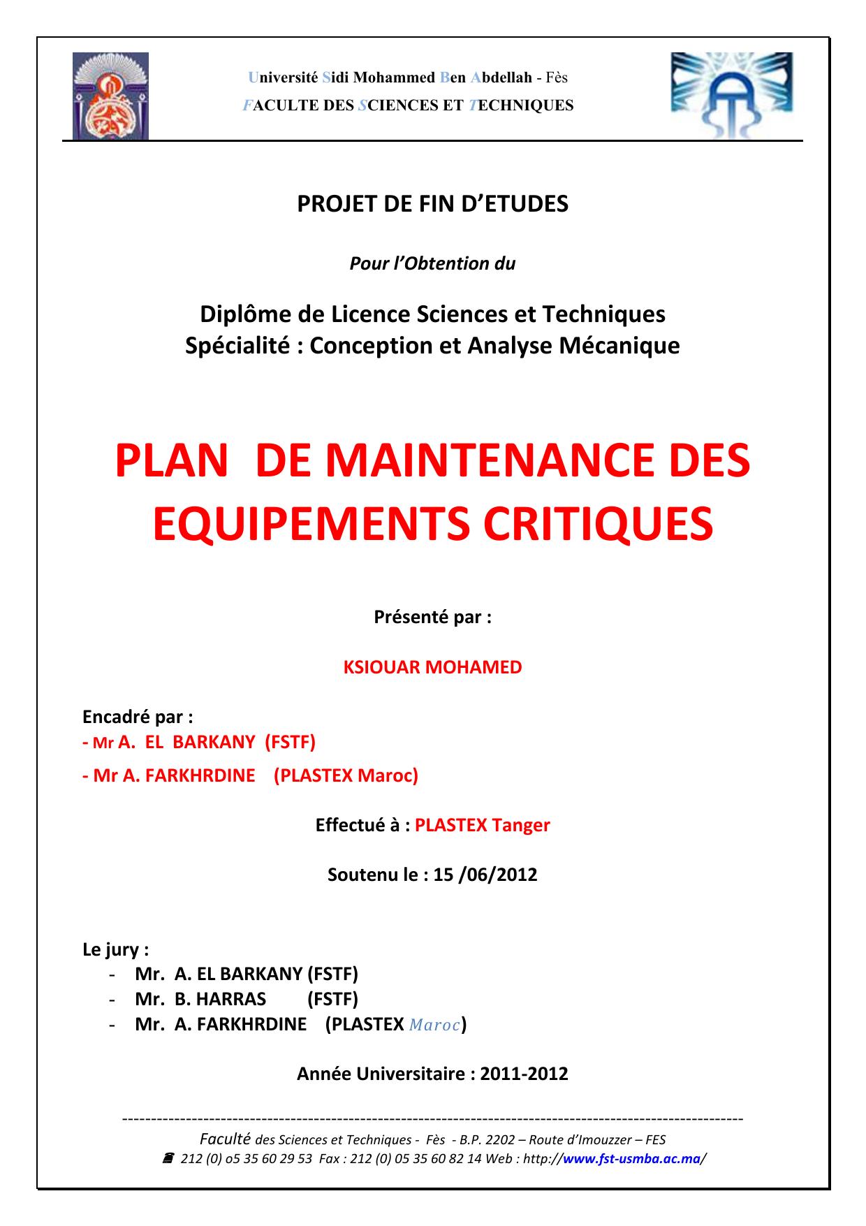 PLAN DE MAINTENANCE DES EQUIPEMENTS CRITIQUES