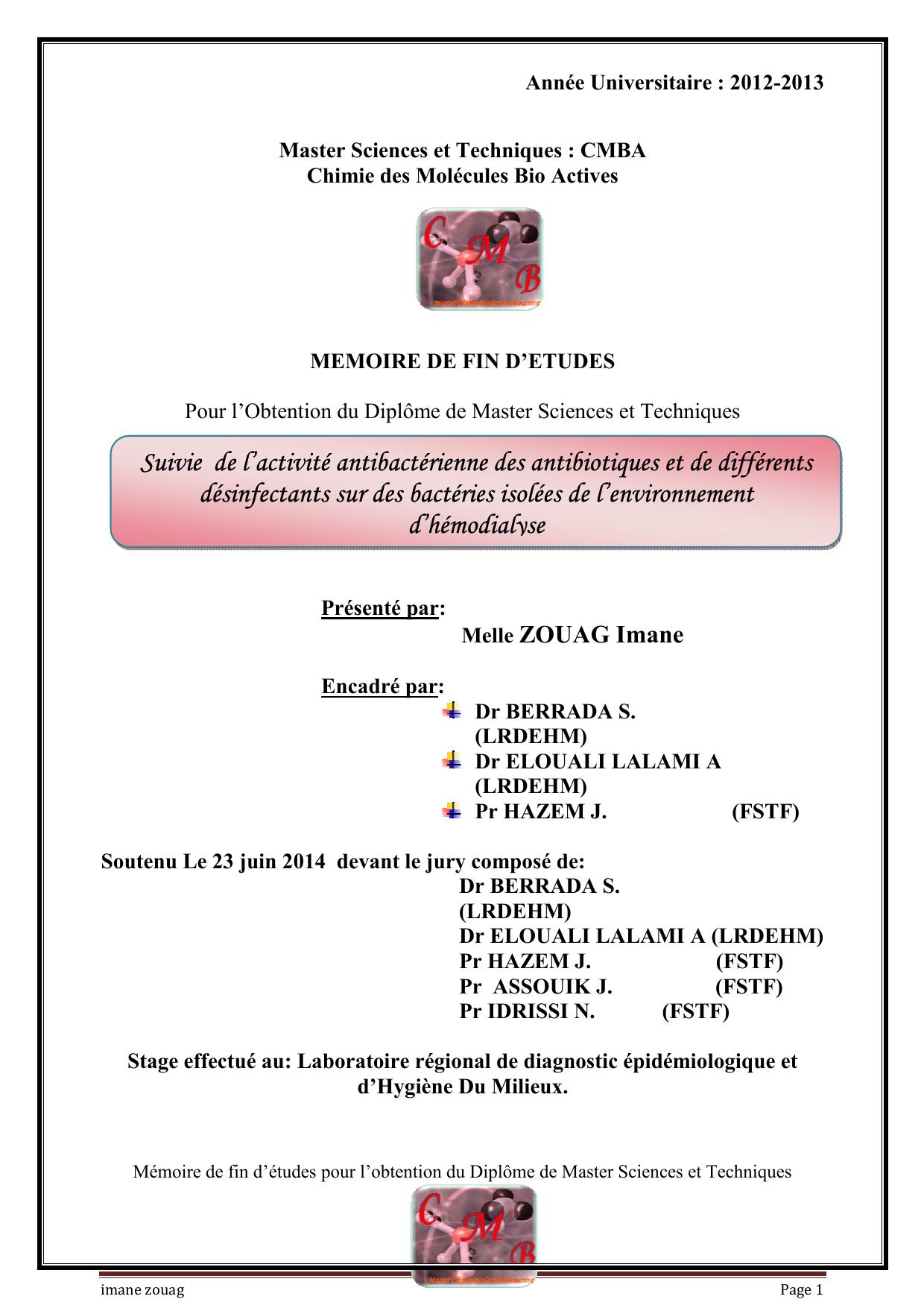 Suivie de l’activité antibactérienne des antibiotiques et de différents désinfectants sur des bactéries isolées de l’environnement d’hémodialyse