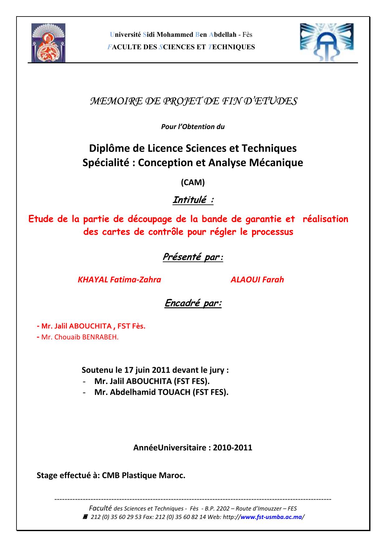 Etude de la partie de découpage de la bande de garantie et réalisation des cartes de contrôle pour régler le processus