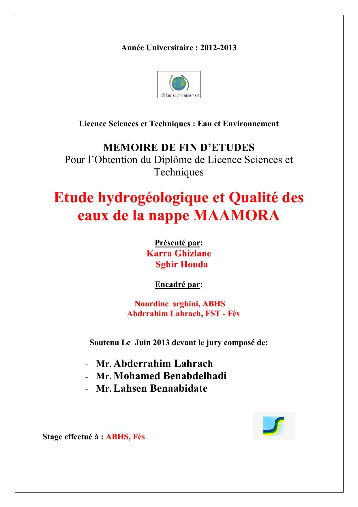 Etude hydrogéologique et Qualité des eaux de la nappe MAAMORA