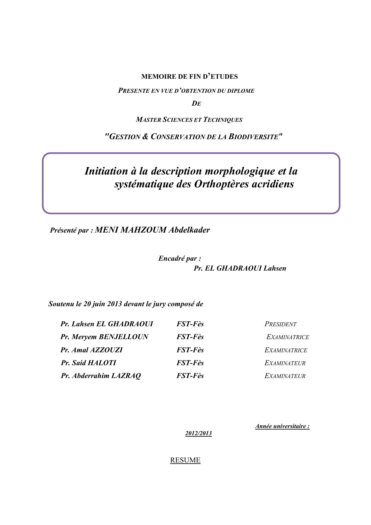 Initiation à la description morphologique et la systématique des Orthoptères acridiens