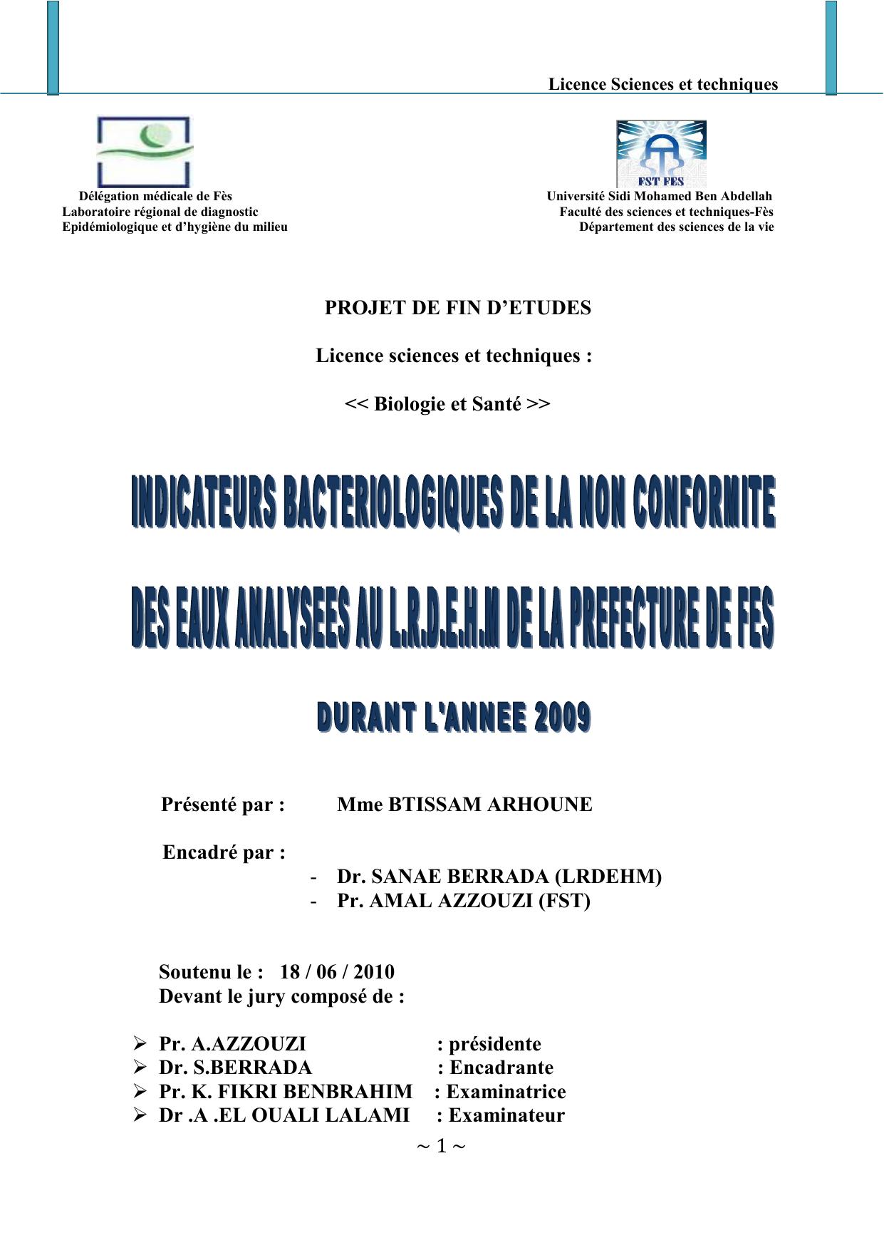 Indicateurs bactériologiques de la non conformité des eaux analysées au LRDEHM de la préfecture de Fès