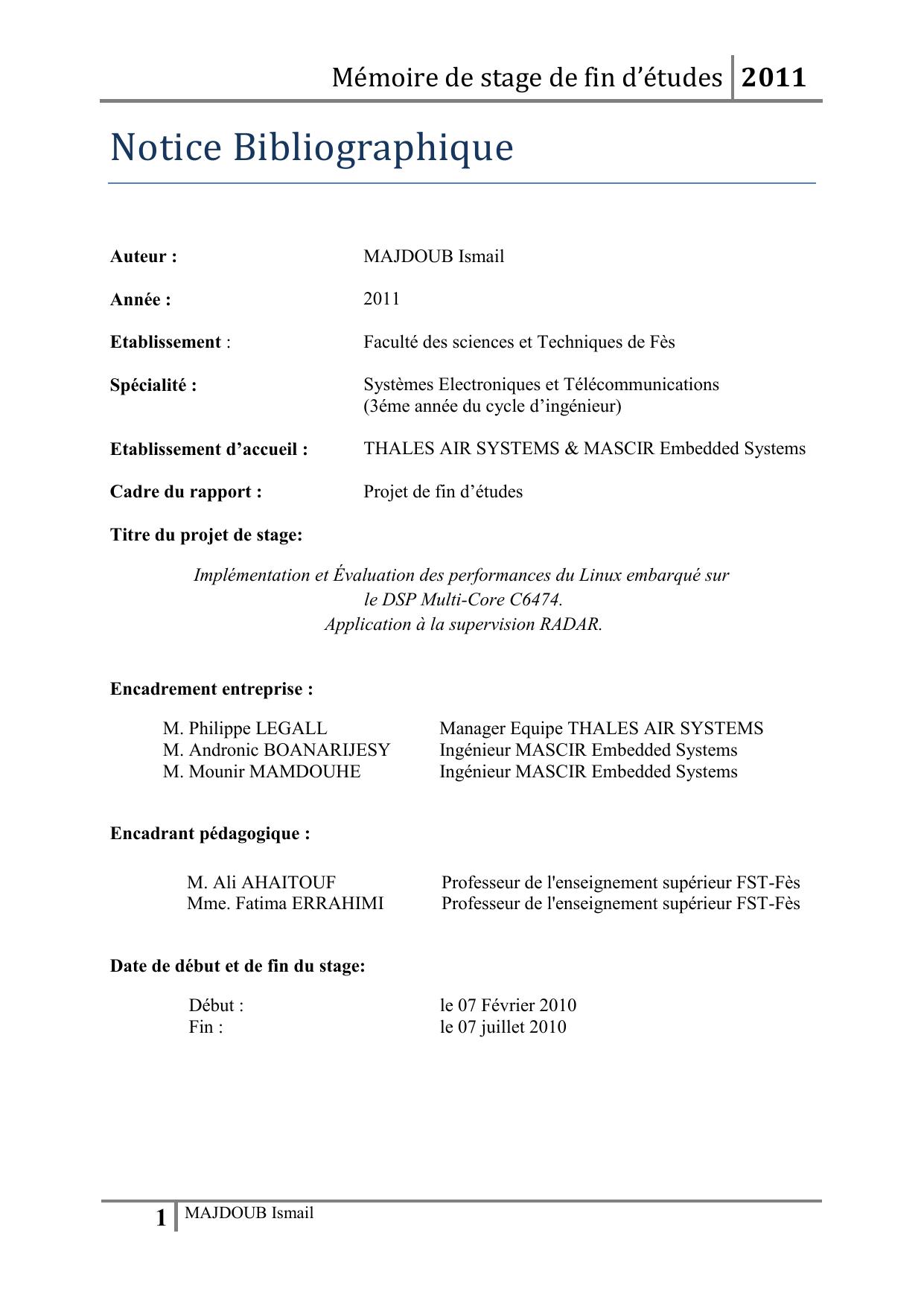 Implémentation et Évaluation des performances du Linux embarqué sur le DSP Multi-Core C6474. Application à la supervision RADAR