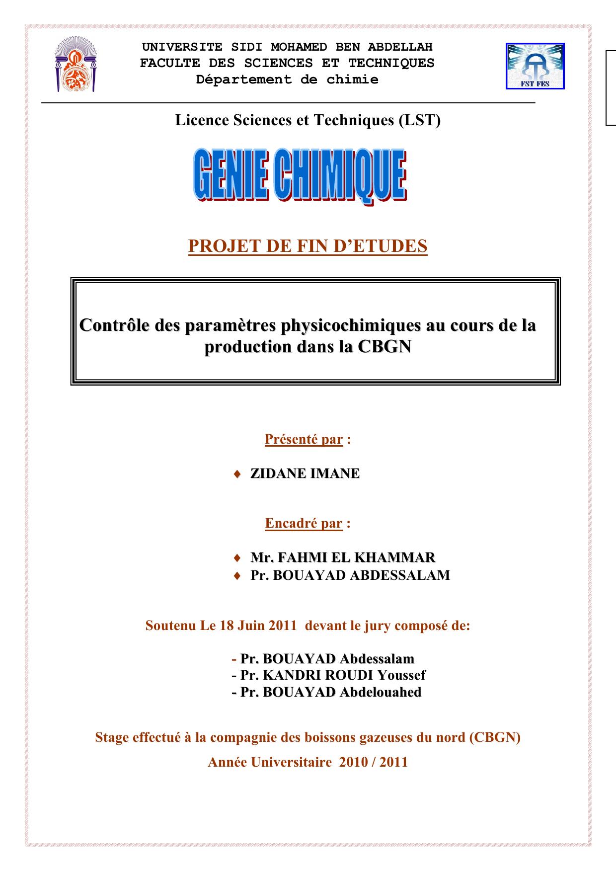 Contrôle des paramètres physicochimiques au cours de la production dans la CBGN