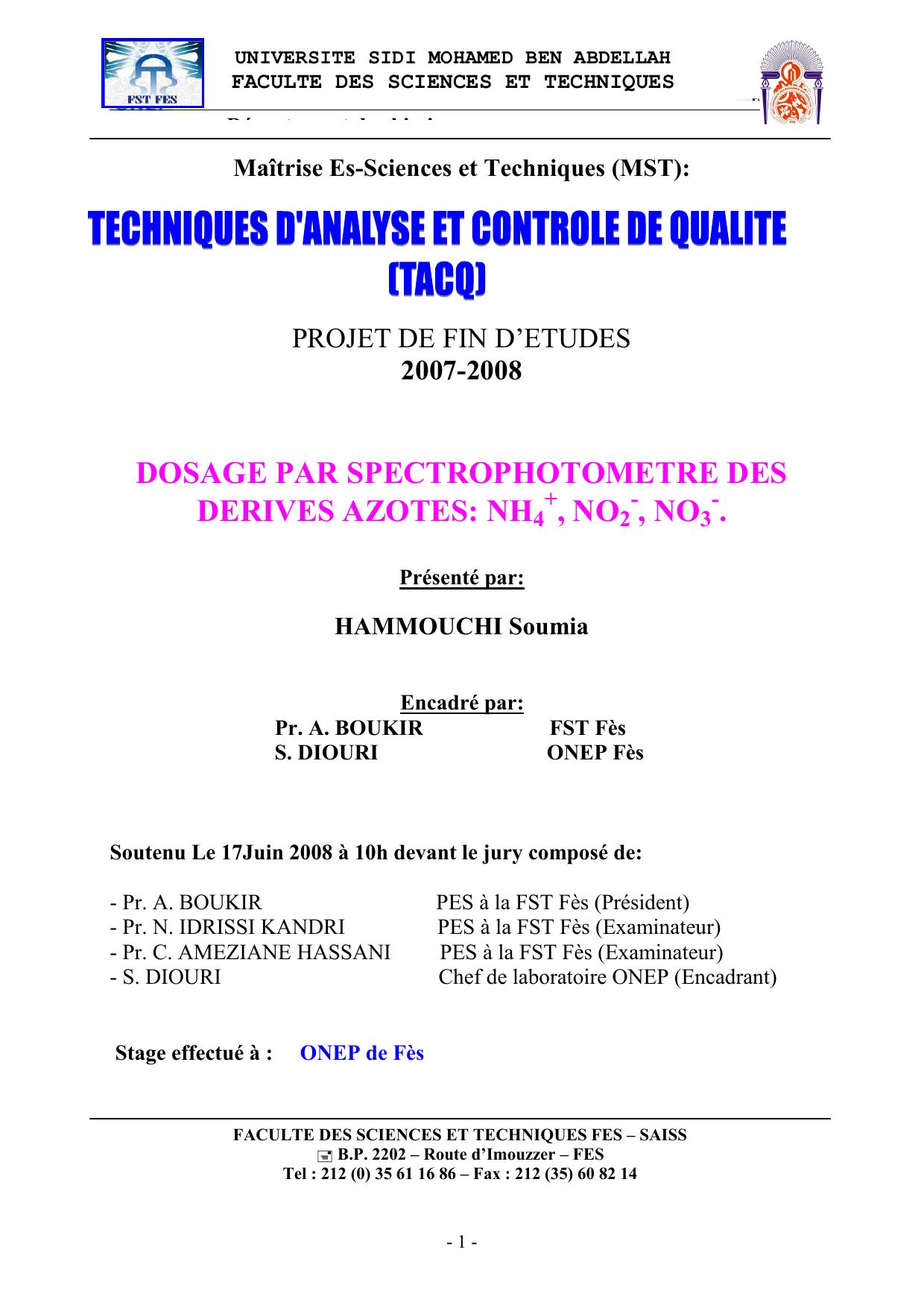 DOSAGE PAR SPECTROPHOTOMETRE DES DERIVES AZOTES: NH4 +, NO2 -, NO3 -