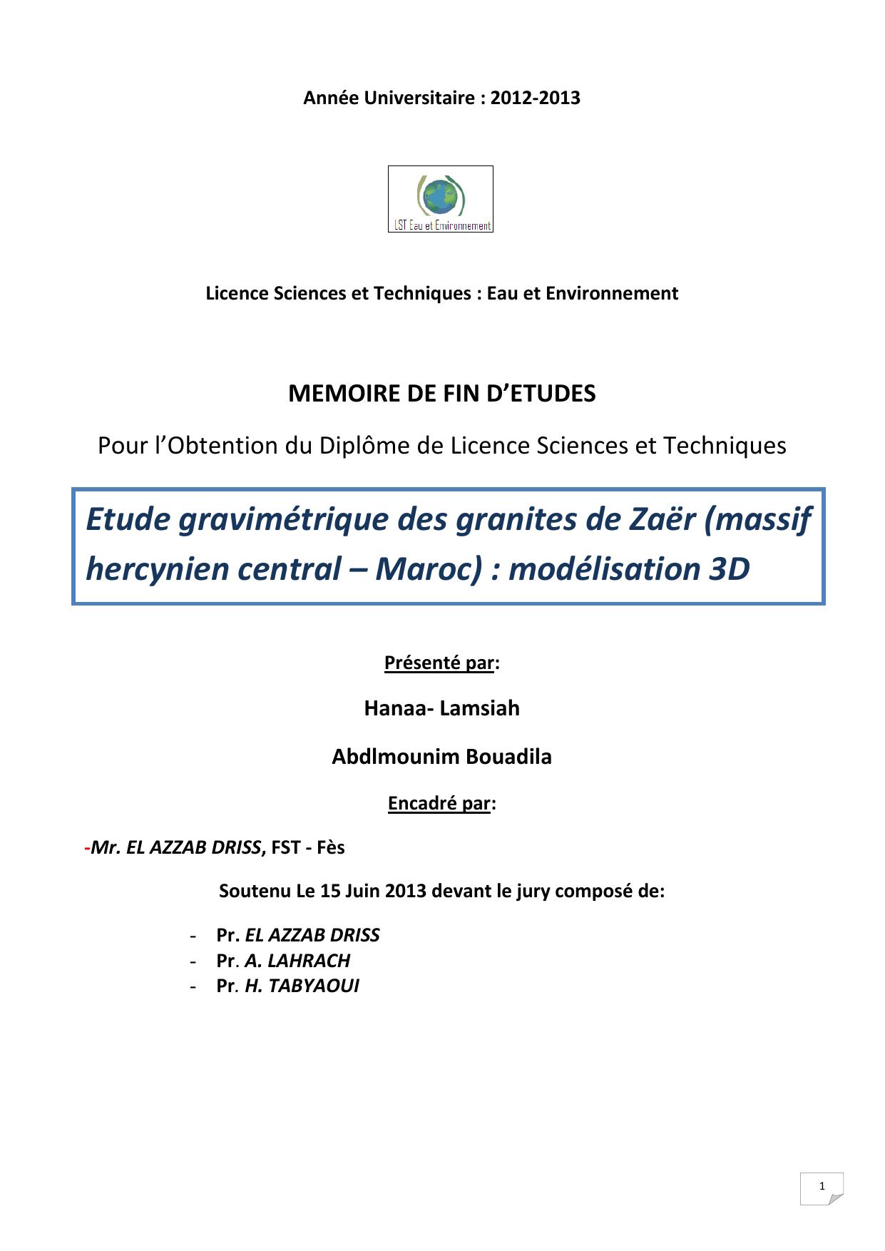 Etude gravimétrique des granites de Zaёr (massif hercynien central – Maroc) : modélisation 3D