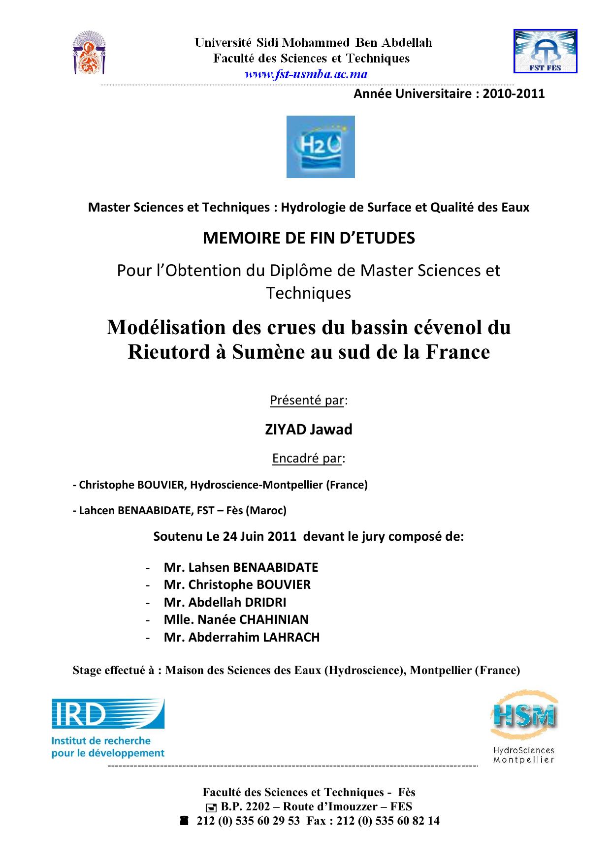 Modélisation des crues du bassin cévenol du Rieutord à Sumène au sud de la France