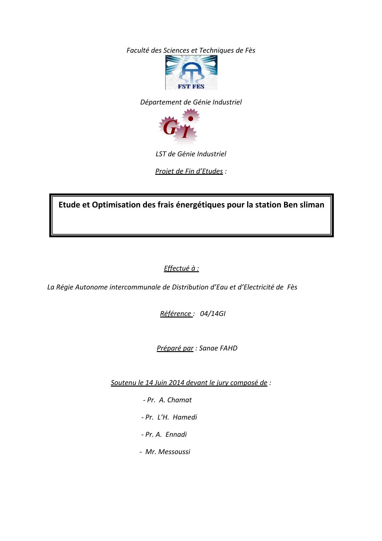 Etude et Optimisation des frais énergétiques pour la station Ben sliman