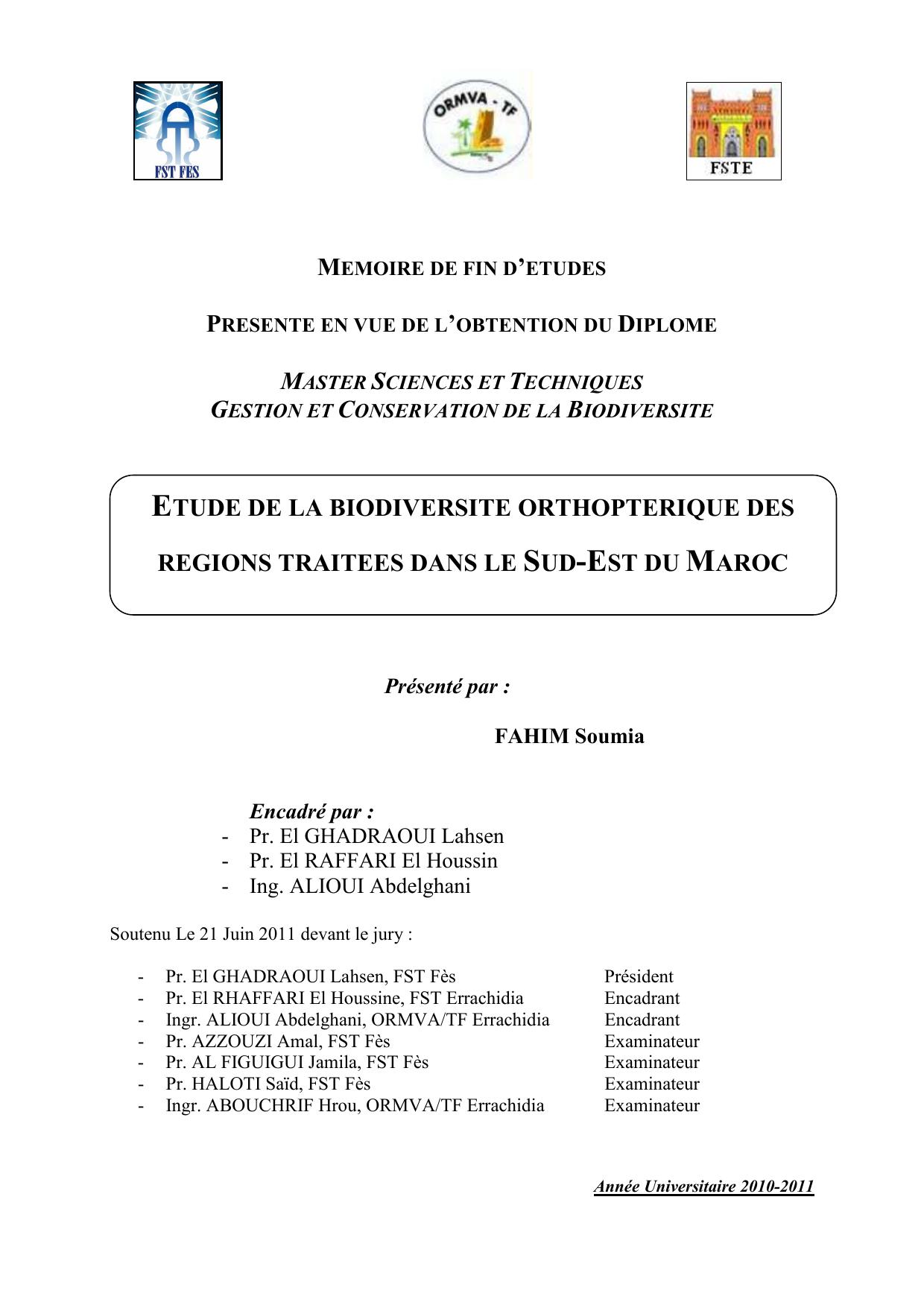 ETUDE DE LA BIODIVERSITE ORTHOPTERIQUE DES REGIONS TRAITEES DANS LE SUD-EST DU MAROC