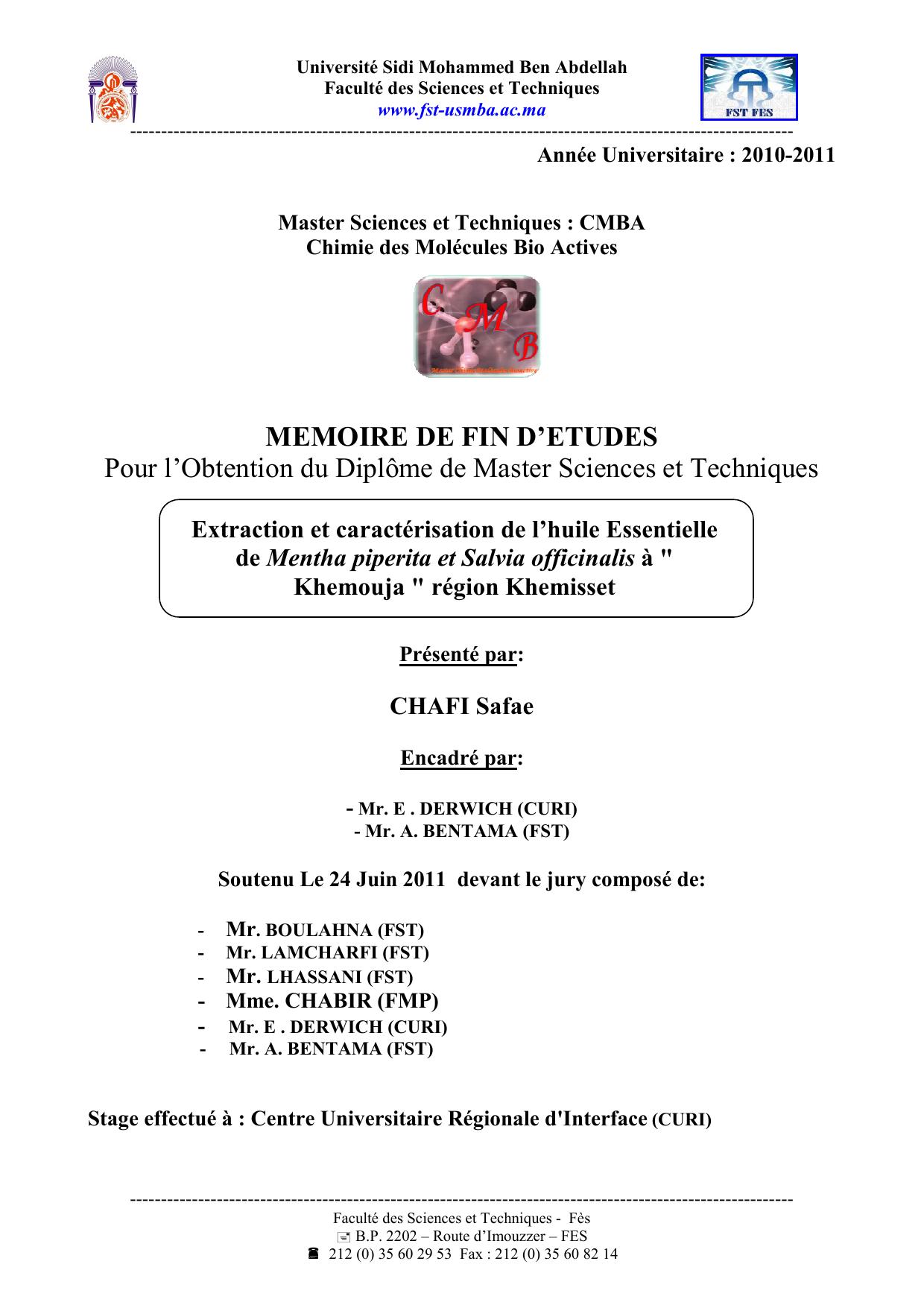 Extraction et caractérisation de l’huile Essentielle de Mentha piperita et Salvia officinalis à " Khemouja " région Khemisset