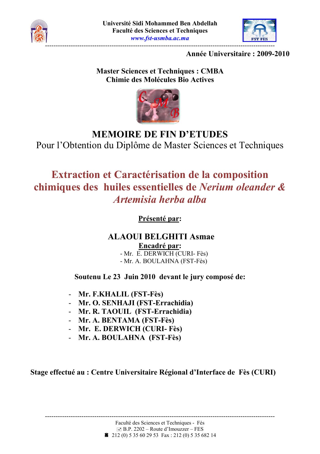 Extraction et Caractérisation de la composition chimiques des huiles essentielles de Nerium oleander & Artemisia herba alba