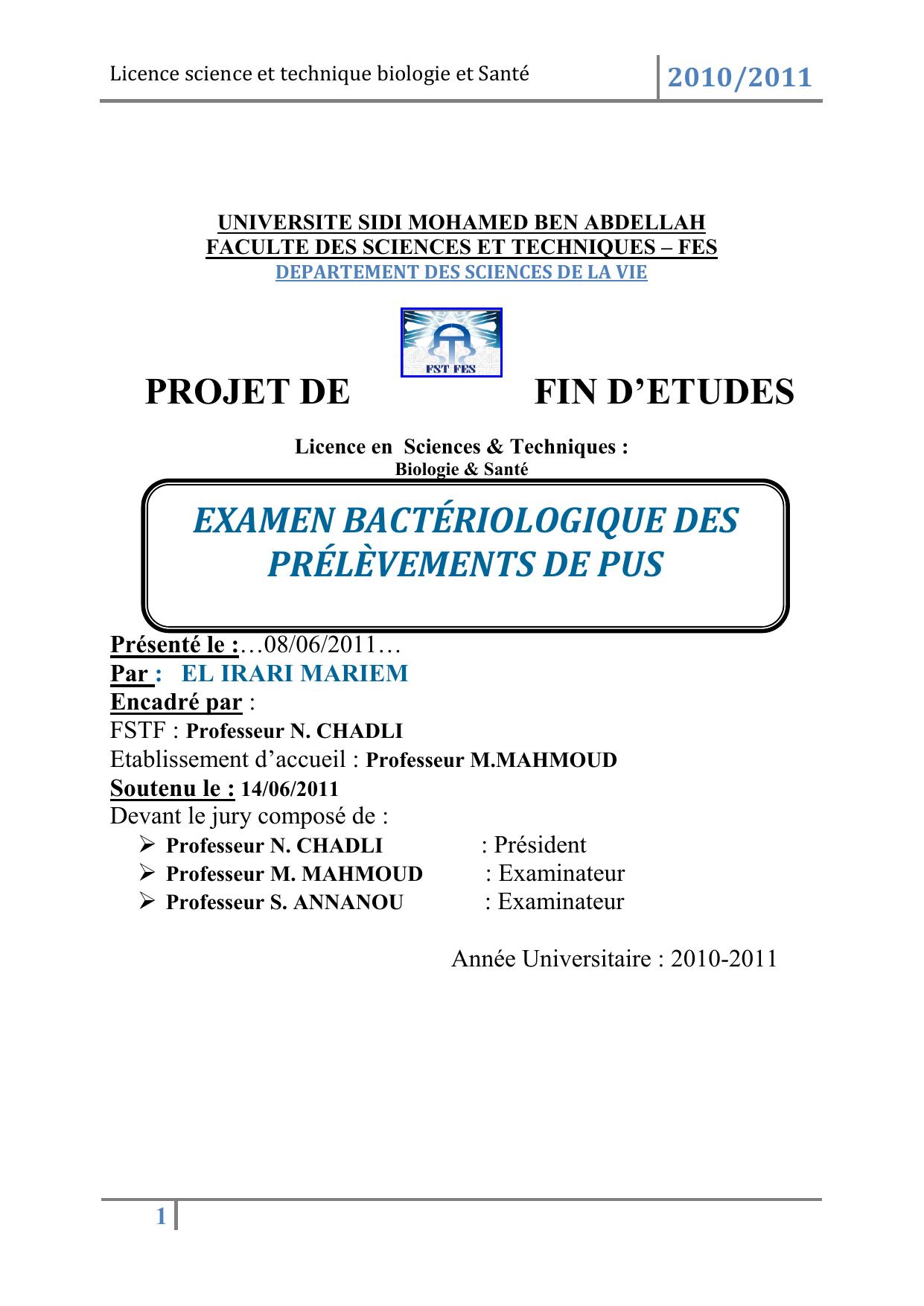 EXAMEN BACTÉRIOLOGIQUE DES PRÉLÈVEMENTS DE PUS