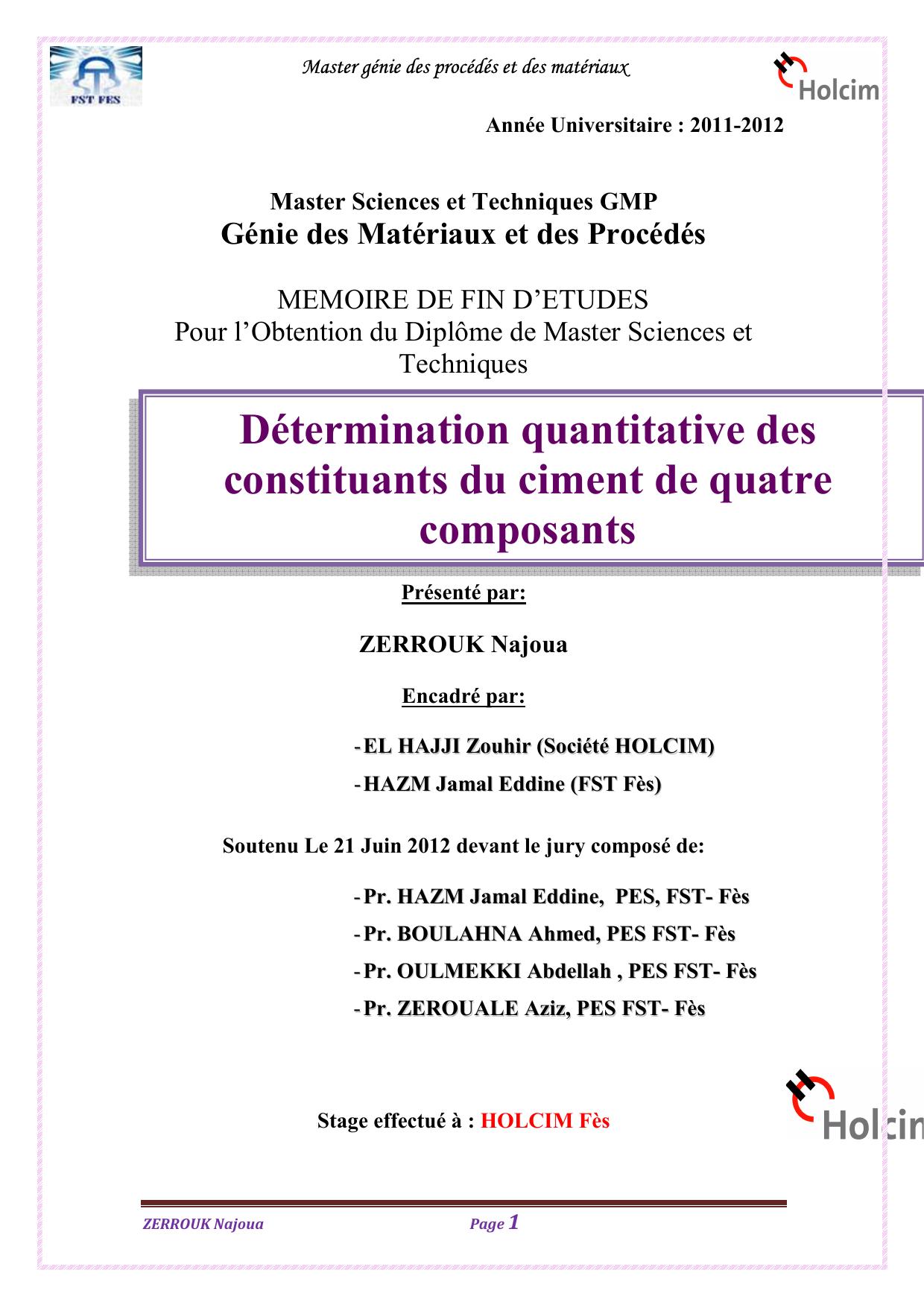 Détermination quantitative des constituants du ciment de quatre composants