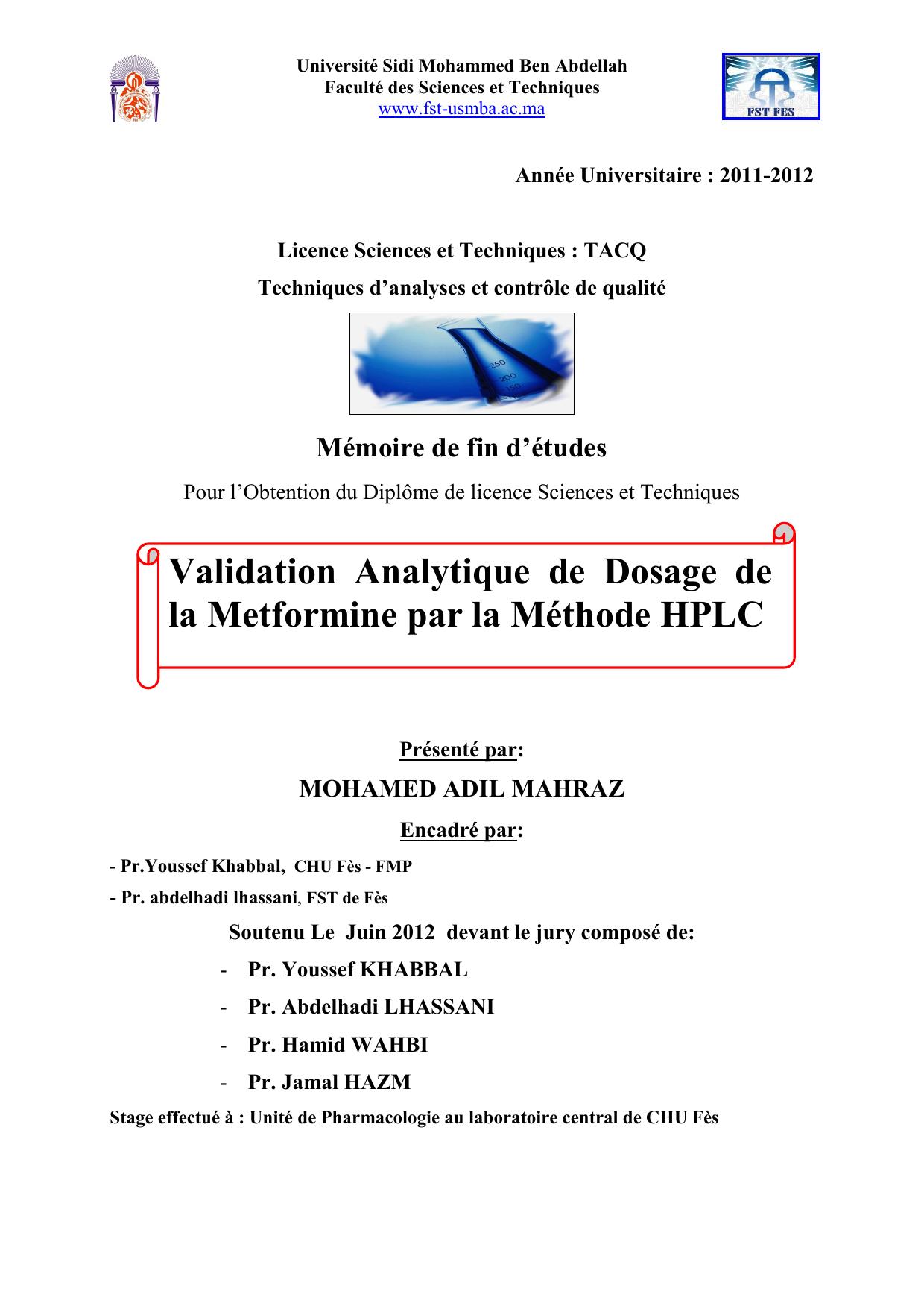 Validation Analytique de Dosage de la Metformine par la Méthode HPLC