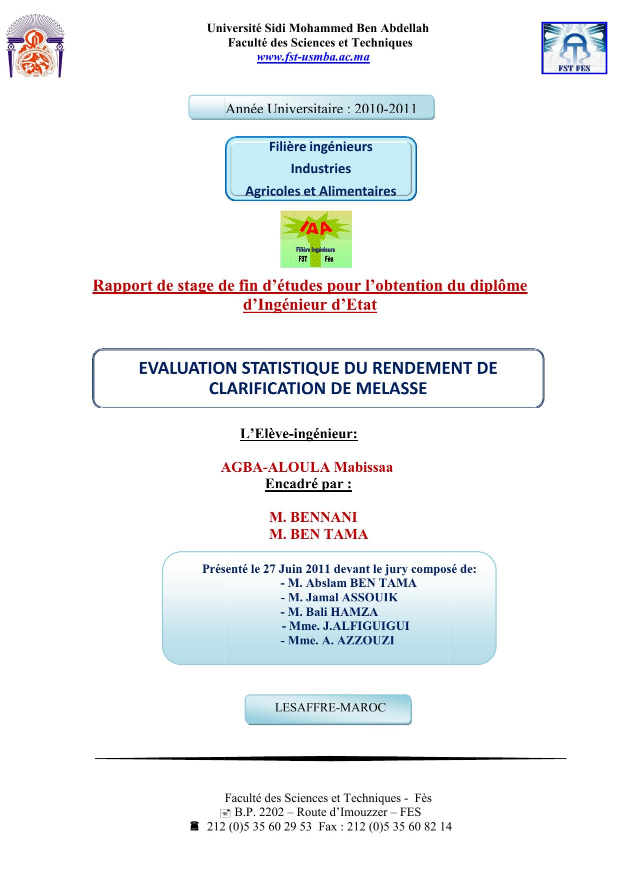 EVALUATION STATISTIQUE DU RENDEMENT DE CLARIFICATION DE MELASSE