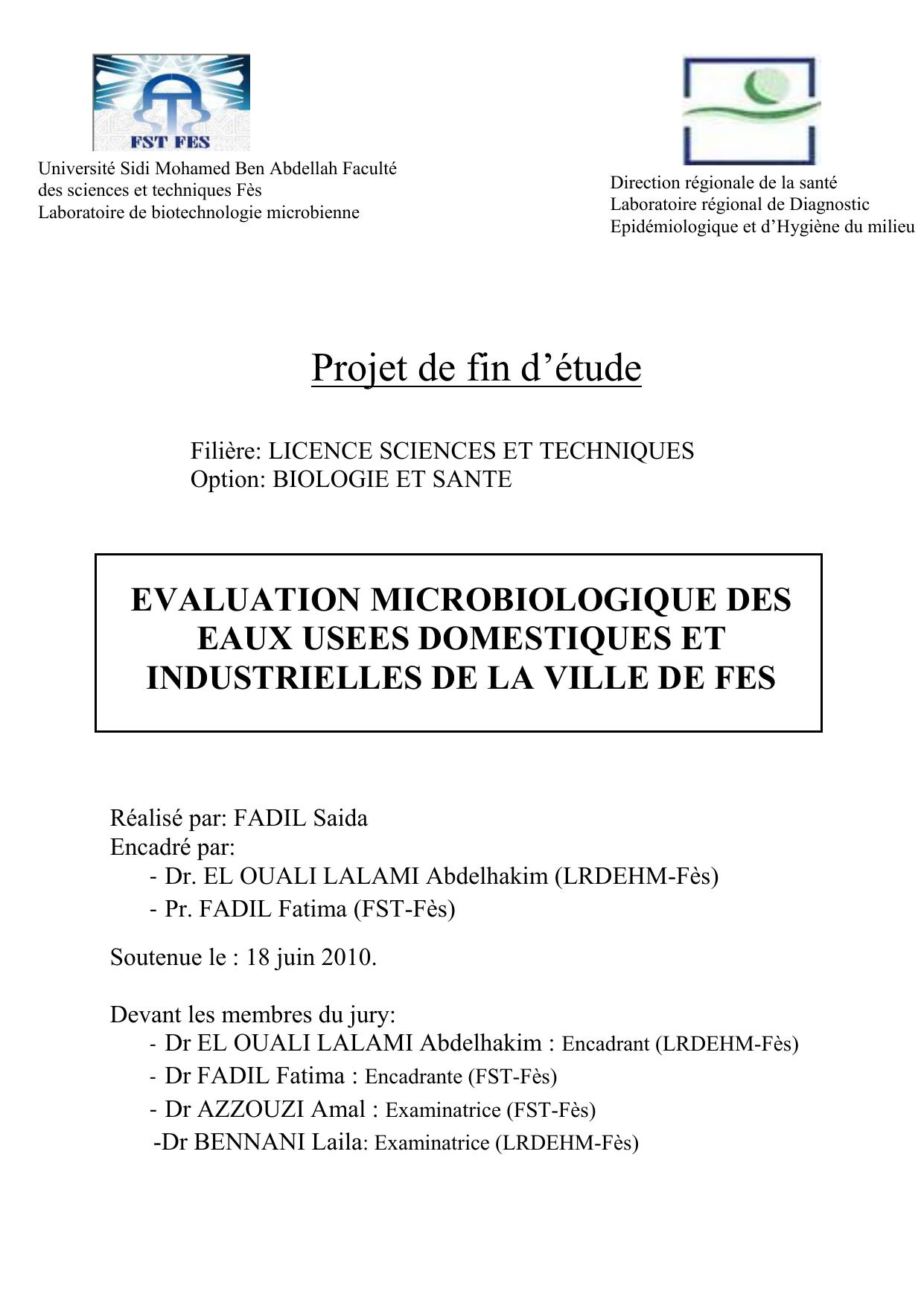 EVALUATION MICROBIOLOGIQUE DES EAUX USEES DOMESTIQUES ET INDUSTRIELLES DE LA VILLE DE FES