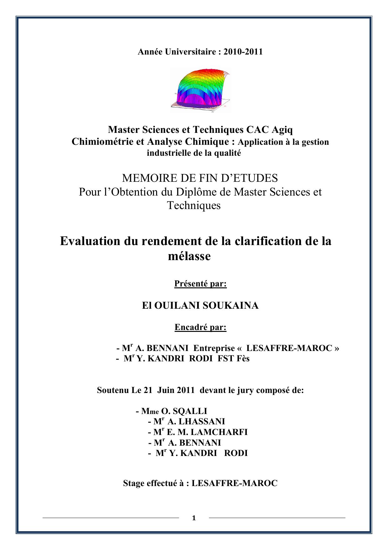 Evaluation du rendement de la clarification de la mélasse