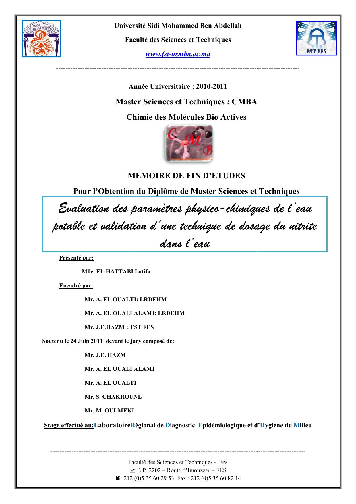 Evaluation des paramètres physico-chimiques de l’eau potable et validation d’une technique de dosage du nitrite dans l’eau