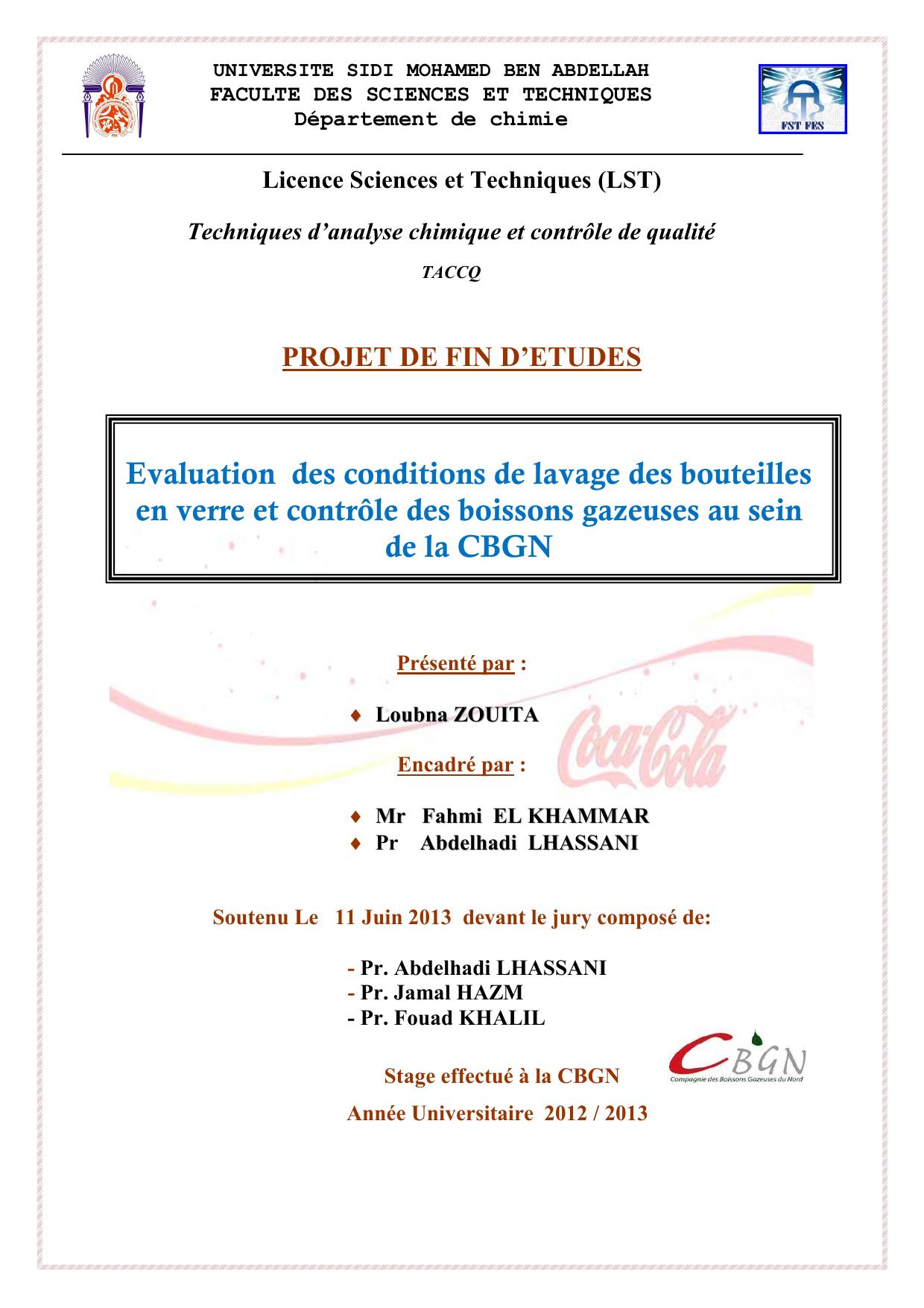 Evaluation des conditions de lavage des bouteilles en verre et contrôle des boissons gazeuses au sein de la CBGN