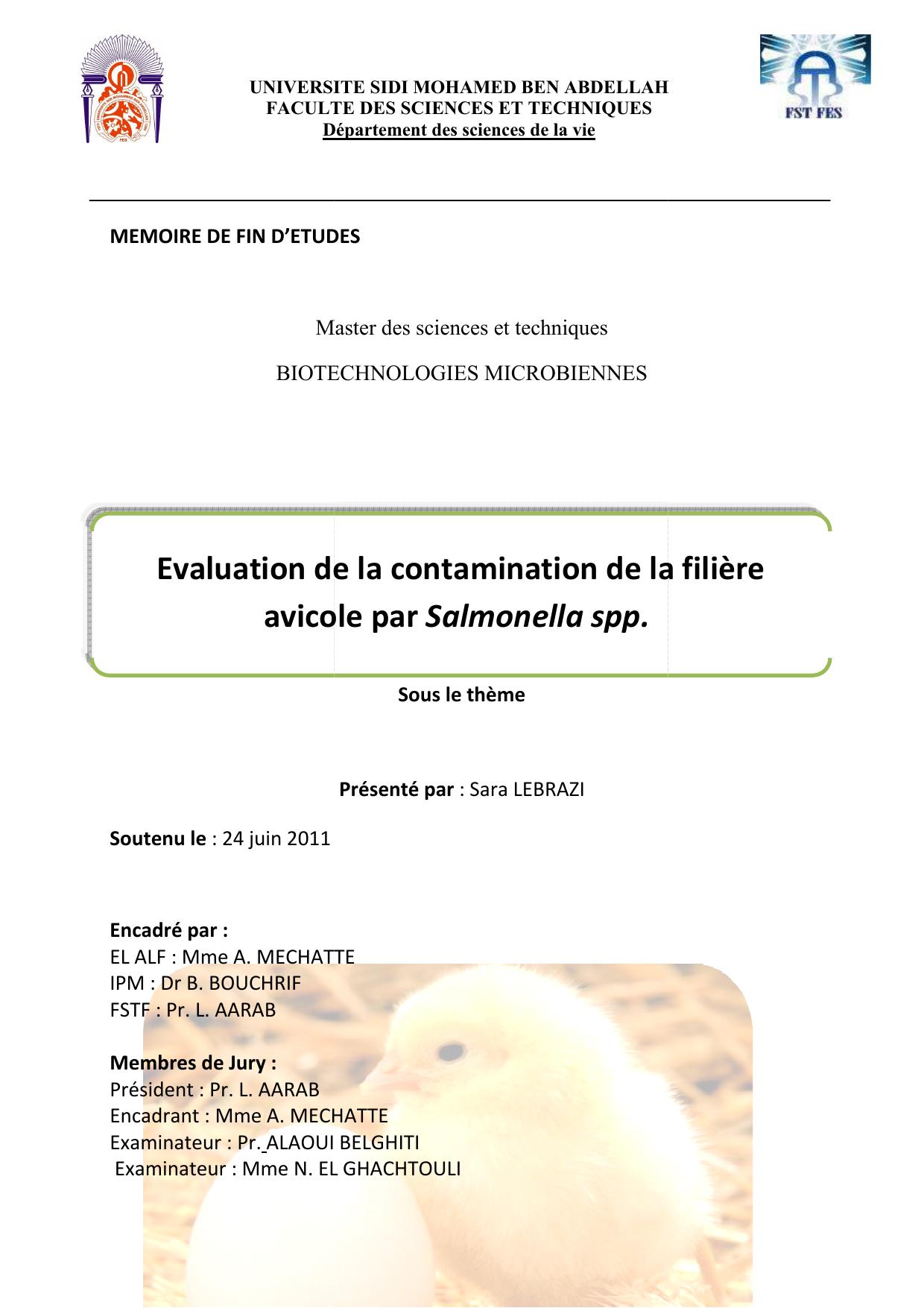 Evaluation de la contamination de la filière avicole par Salmonella spp.