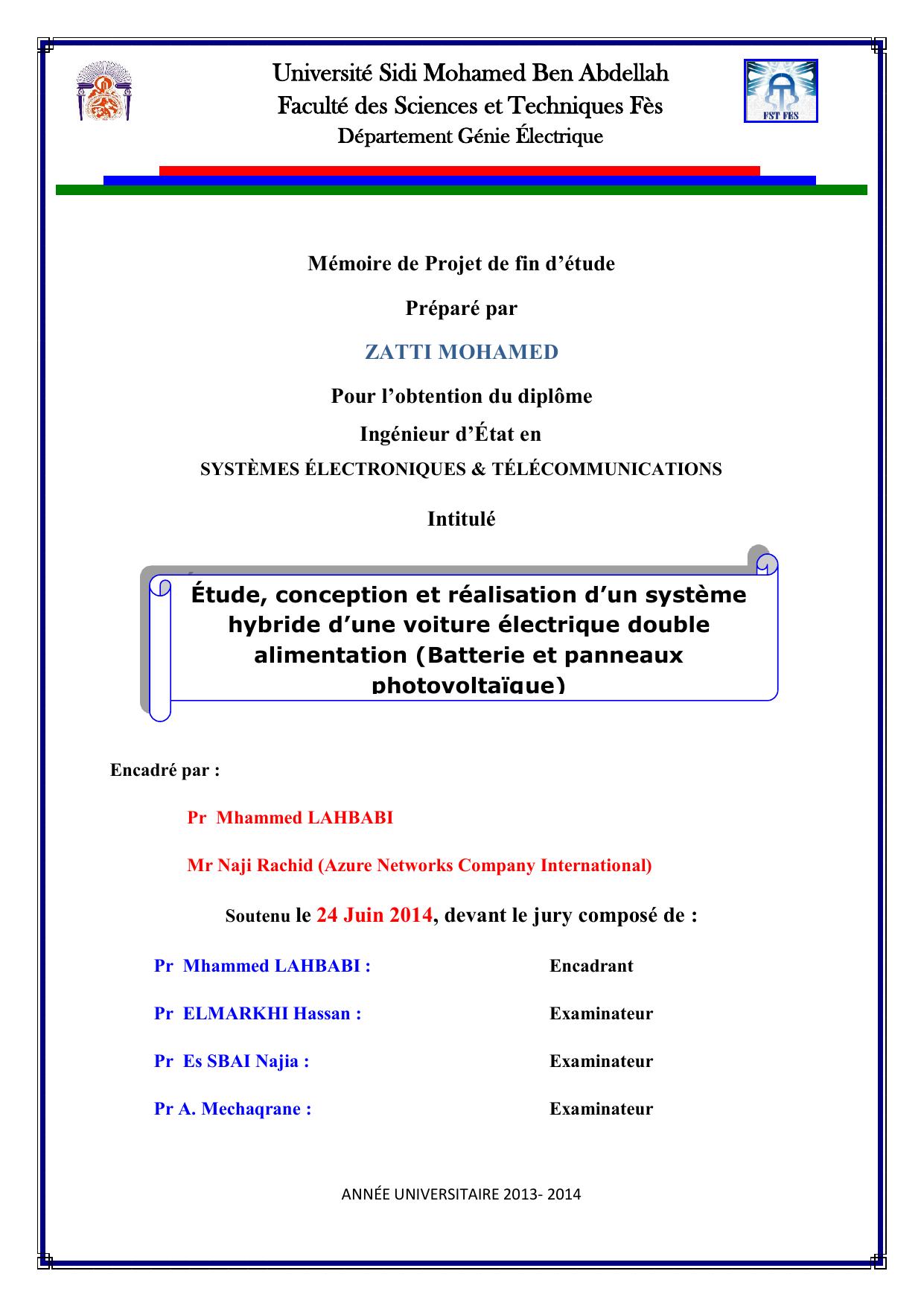 Étude, conception et réalisation d’un système hybride d’une voiture électrique double alimentation (Batterie et panneaux photovoltaïque)