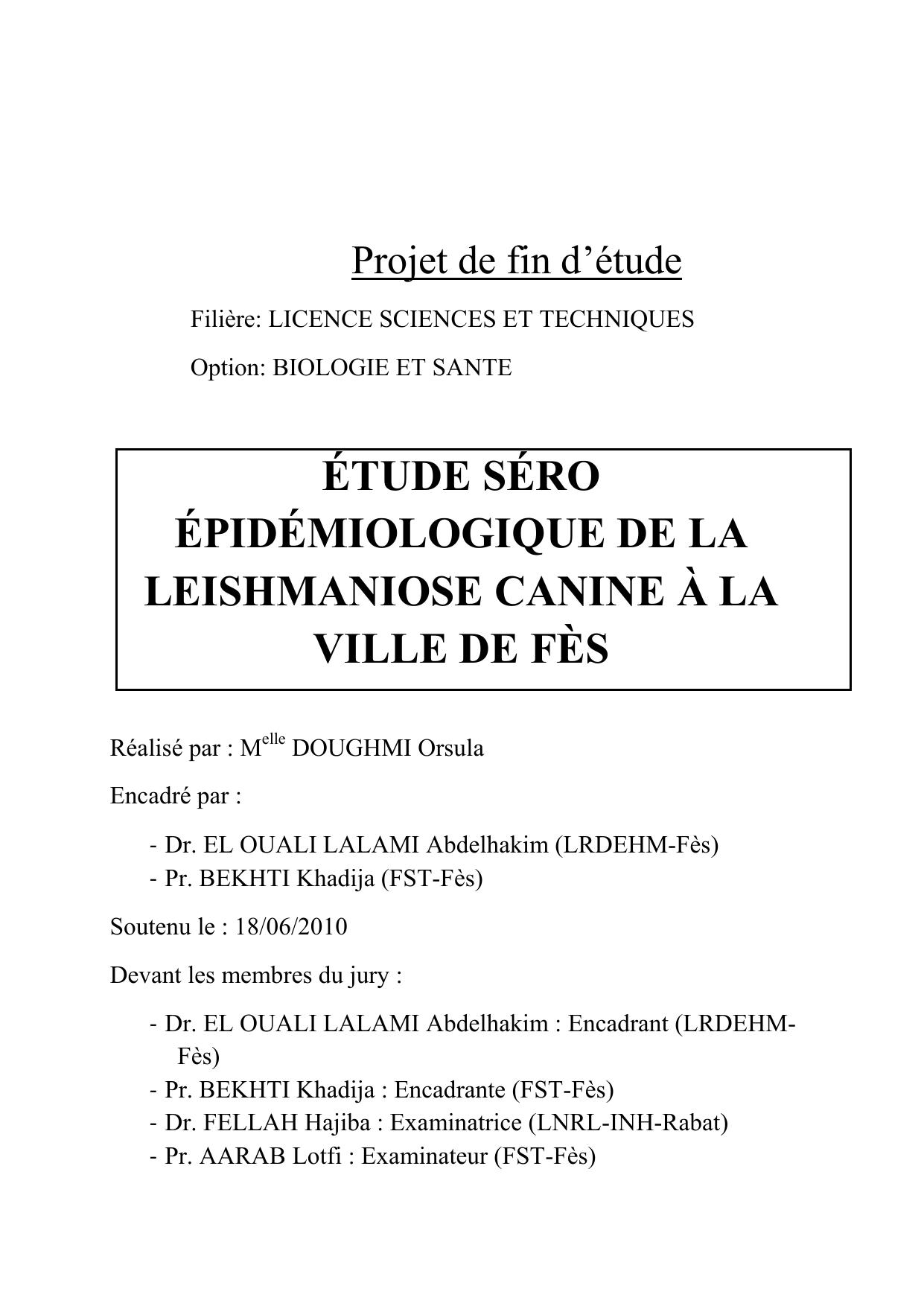 ÉTUDE SÉRO ÉPIDÉMIOLOGIQUE DE LA LEISHMANIOSE CANINE À LA VILLE DE FÈS