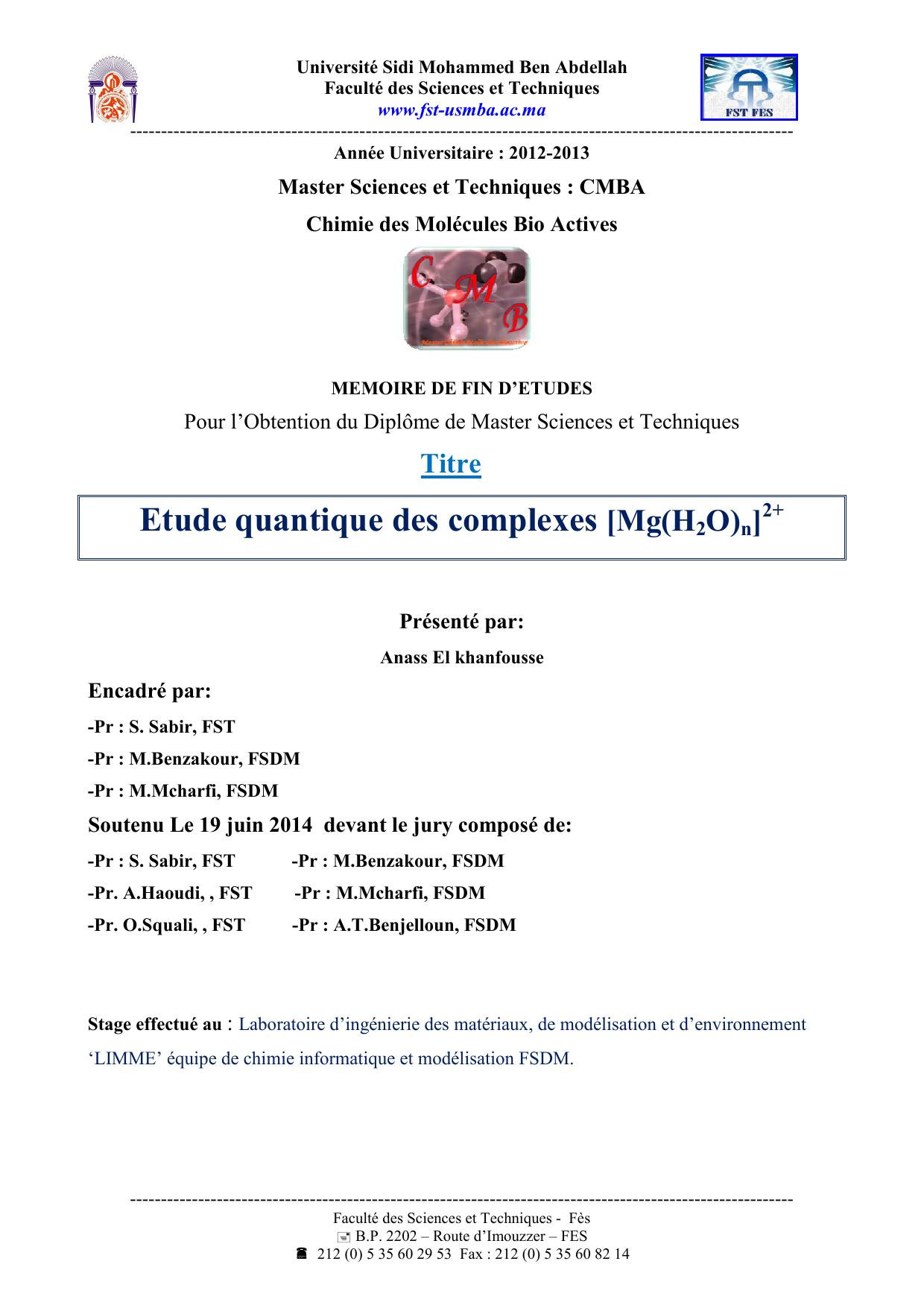 Etude quantique des complexes [Mg(H2O)n]2+