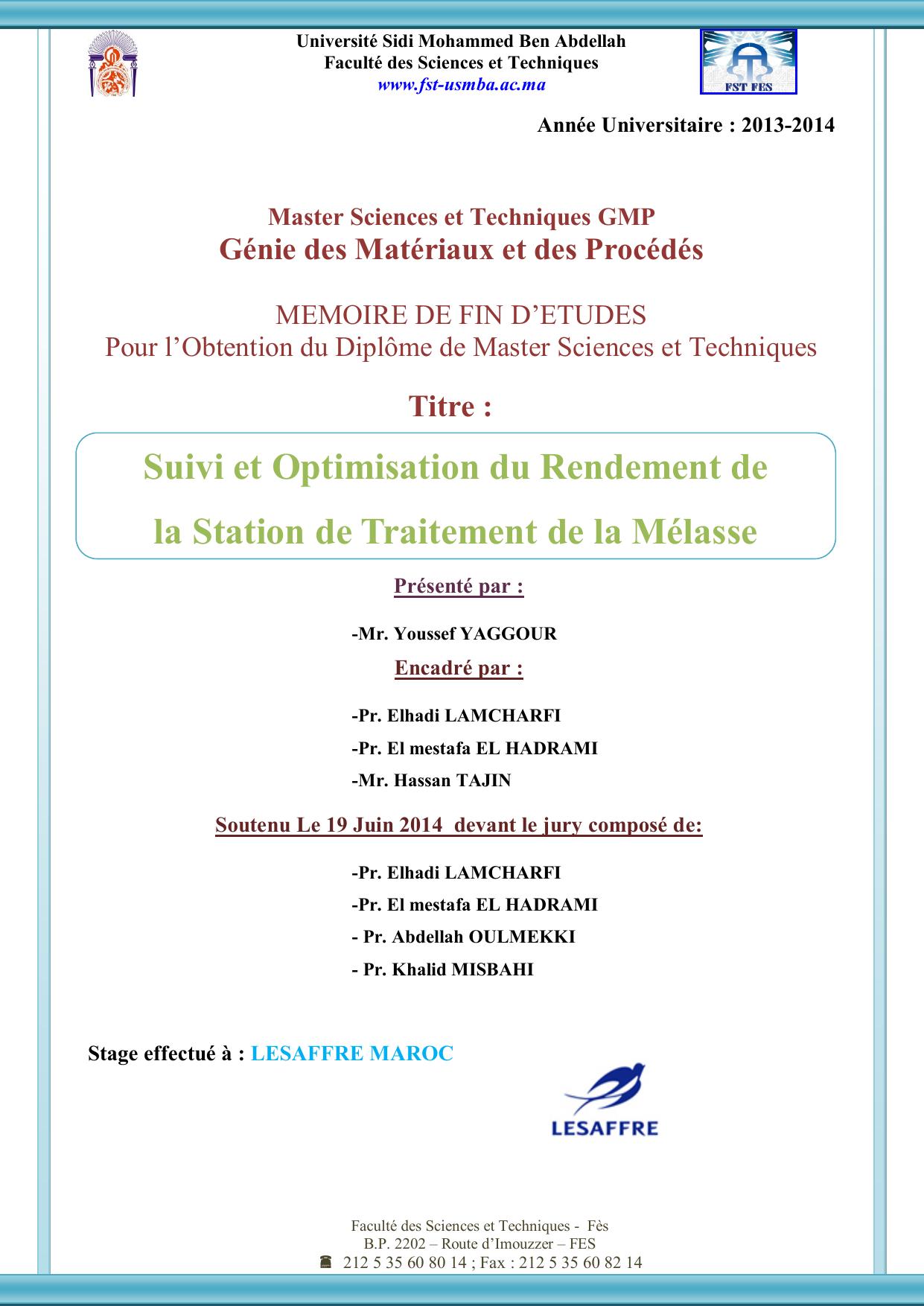 Suivi et Optimisation du Rendement de la Station de Traitement de la Mélasse