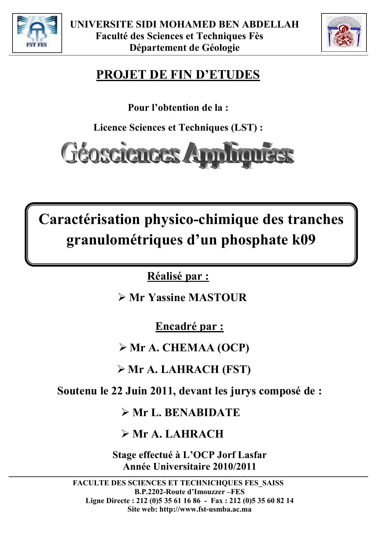 Caractérisation physico-chimique des tranches granulométriques d’un phosphate k09