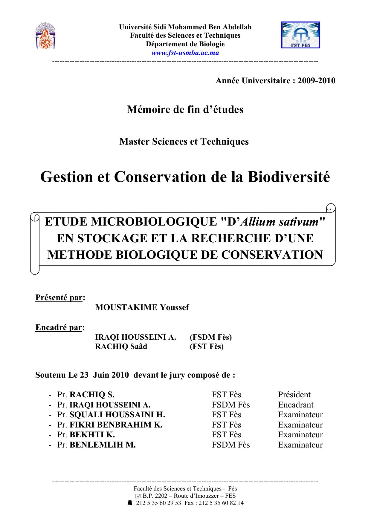 ETUDE MICROBIOLOGIQUE "D’Allium sativum" EN STOCKAGE ET LA RECHERCHE D’UNE METHODE BIOLOGIQUE DE CONSERVATION