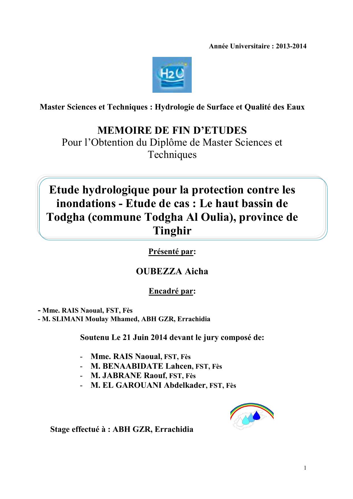 Etude hydrologique pour la protection contre les inondations - Etude de cas : Le haut bassin de Todgha (commune Todgha Al Oulia), province de Tinghir