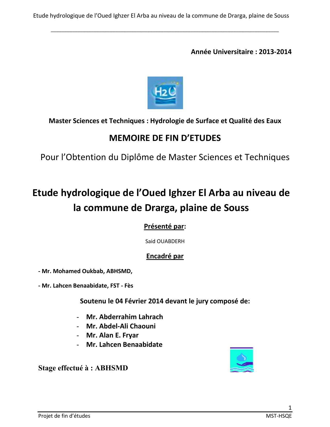 Etude hydrologique de l’Oued Ighzer El Arba au niveau de la commune de Drarga, plaine de Souss