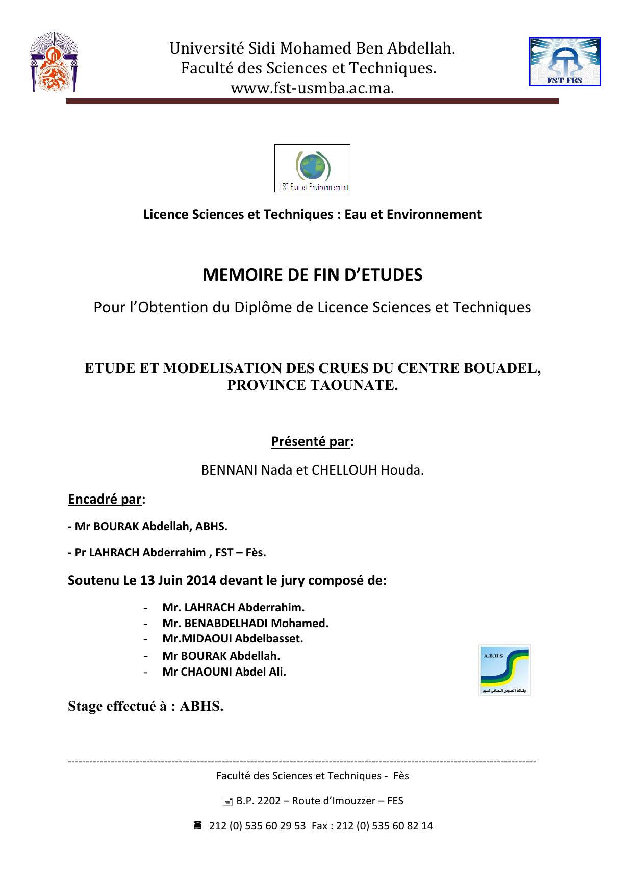 ETUDE ET MODELISATION DES CRUES DU CENTRE BOUADEL, PROVINCE TAOUNATE