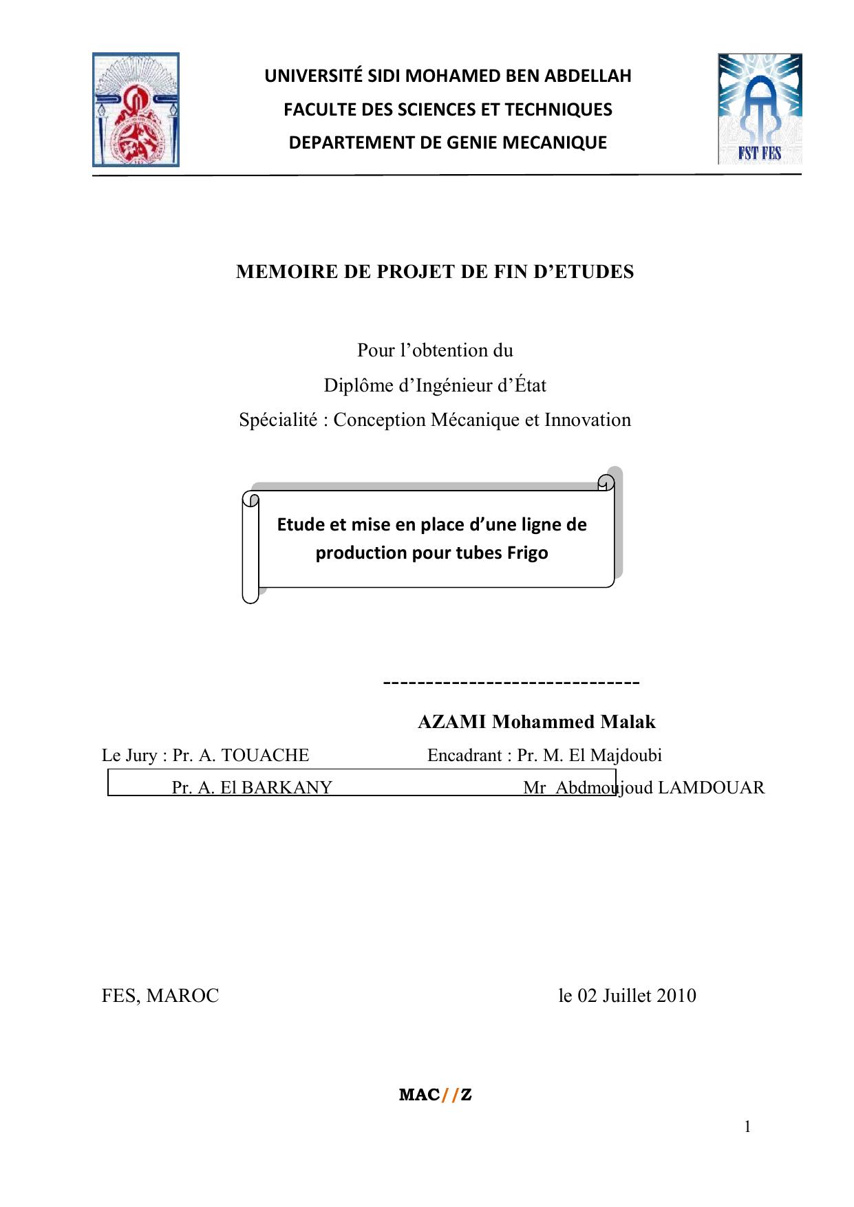 Etude et mise en place d’une ligne de production pour tubes Frigo