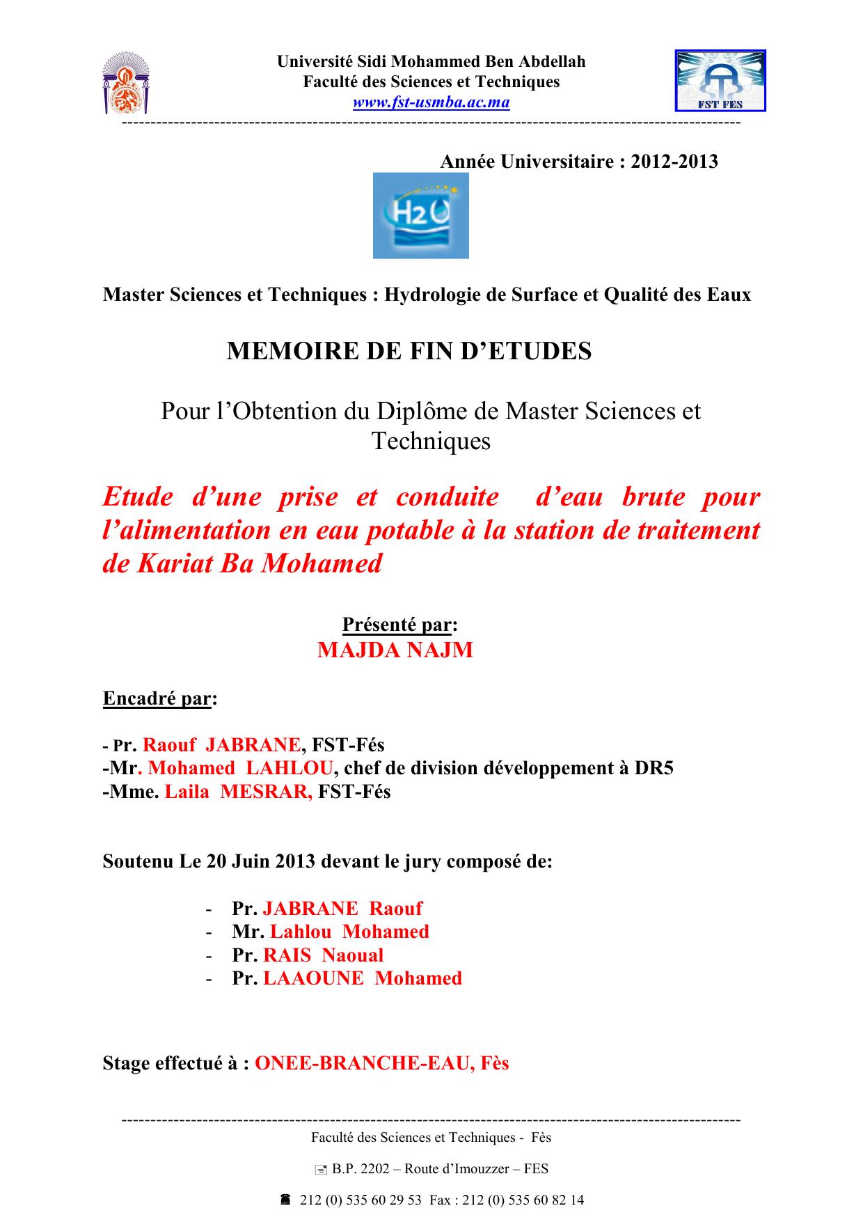 Etude d’une prise et conduite d’eau brute pour l’alimentation en eau potable à la station de traitement de Kariat Ba Mohamed