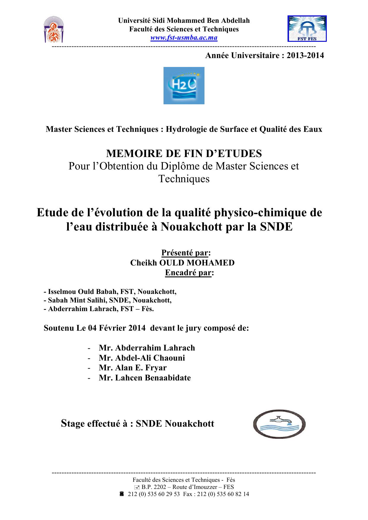 Etude de l’évolution de la qualité physico-chimique de l’eau distribuée à Nouakchott par la SNDE