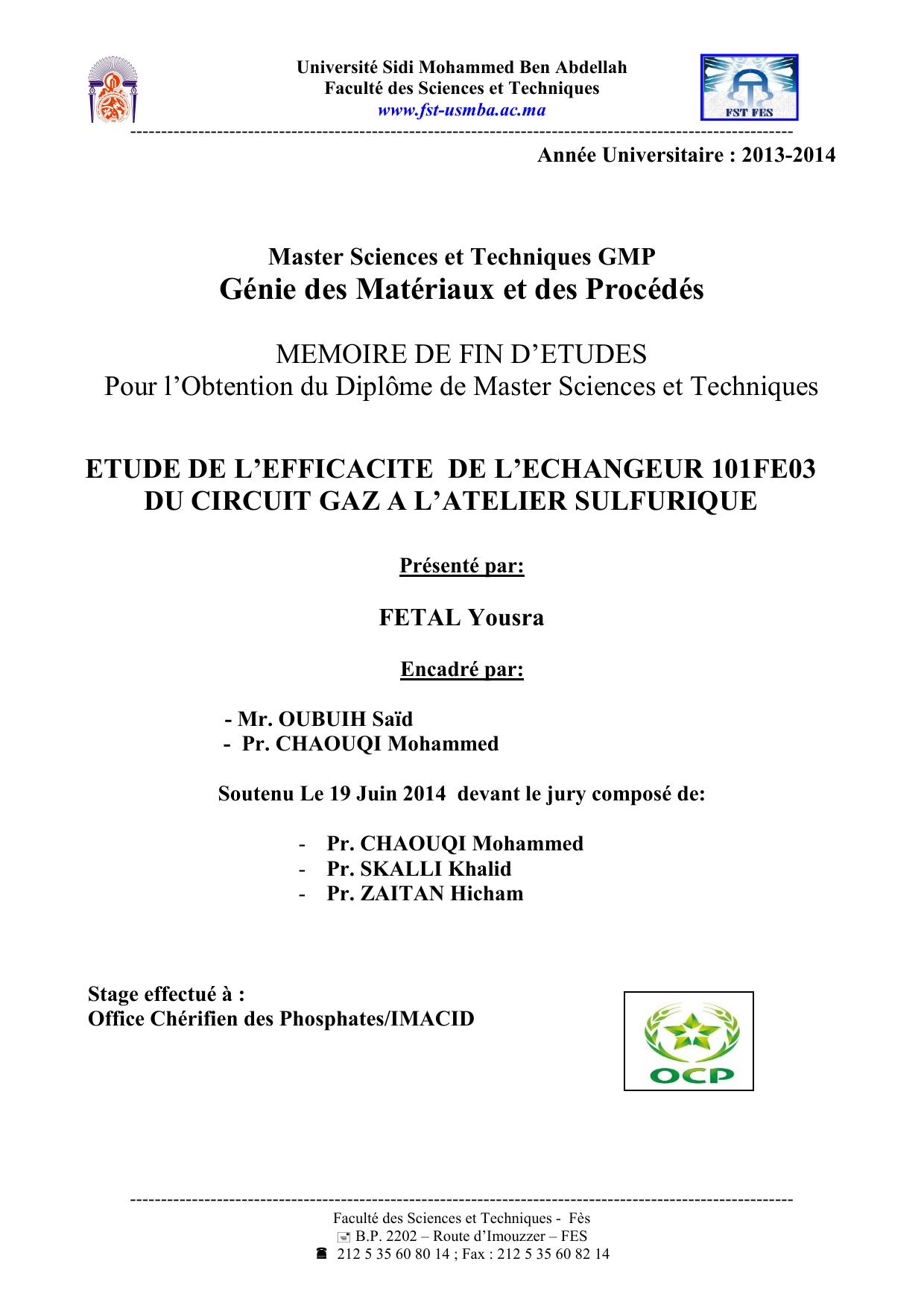 ETUDE DE L’EFFICACITE DE L’ECHANGEUR 101FE03 DU CIRCUIT GAZ A L’ATELIER SULFURIQUE