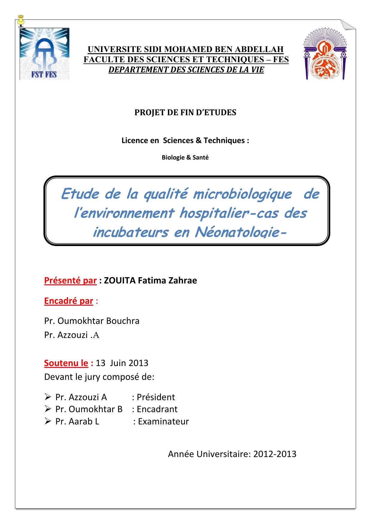 Etude de la qualité microbiologique de l’environnement hospitalier-cas des incubateurs en Néonatologie