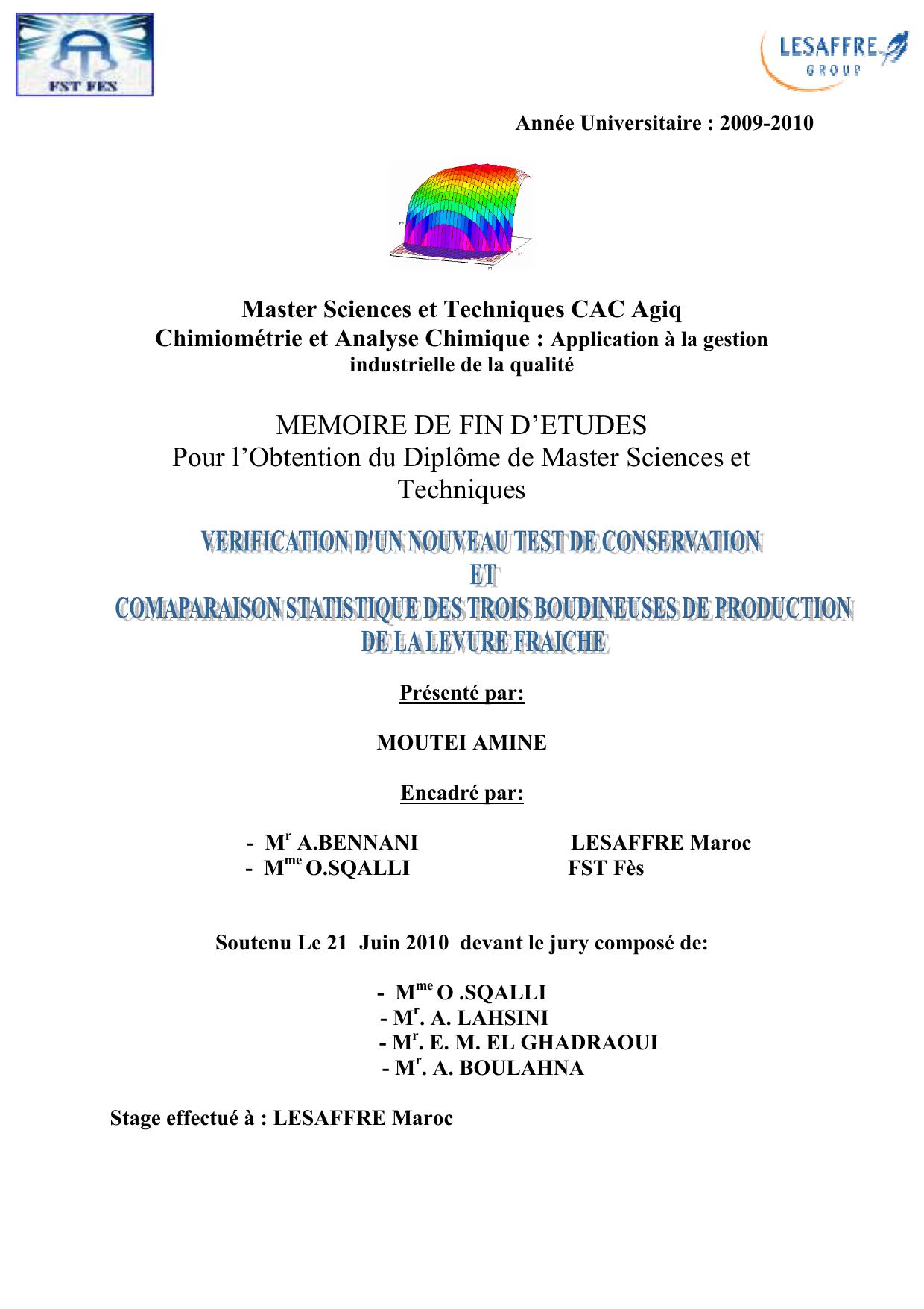 Vérification d'un nouveau Test de conservation de la levure fraiche et comparaison statistique des trois boudineuses